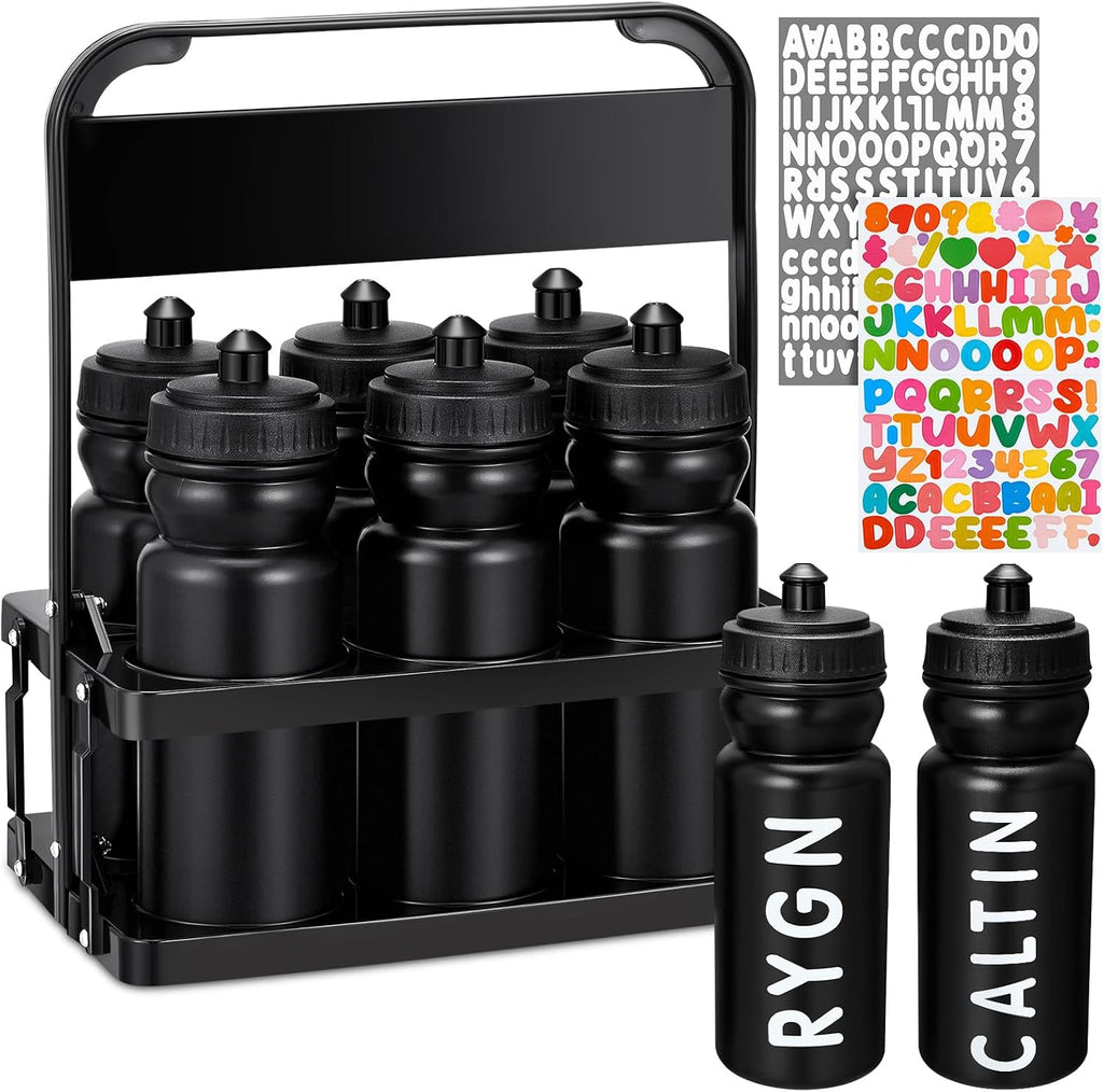 Suclain Squeeze Water Bottles with Carrier, 7 Pcs, Black
