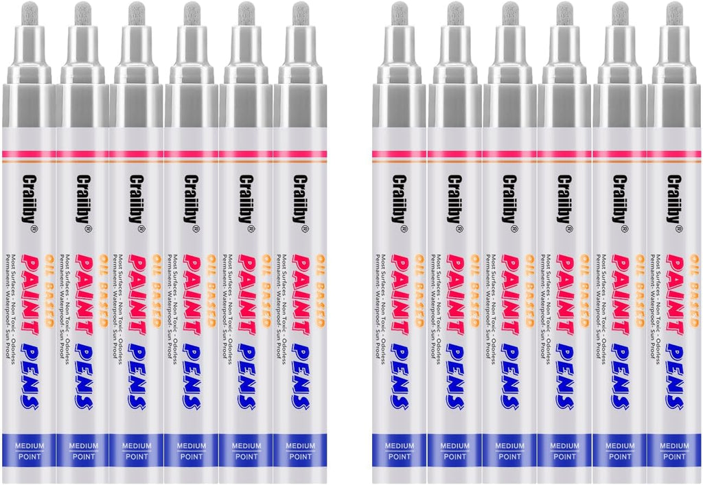 Silver Paint Markers, 12 Pack Oil-Based Waterproof Quick Dry Permanent Paint Pen Set for Rocks Painting, Wood, Fabric, Plastic, Canvas, Glass, Mugs, Metal, Tire, Stone, DIY Craft
