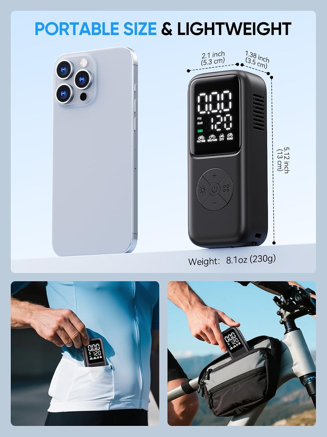 GPUTEK Mini Electric Bike Pump,120 PSI Bike Pump Portable with Guage