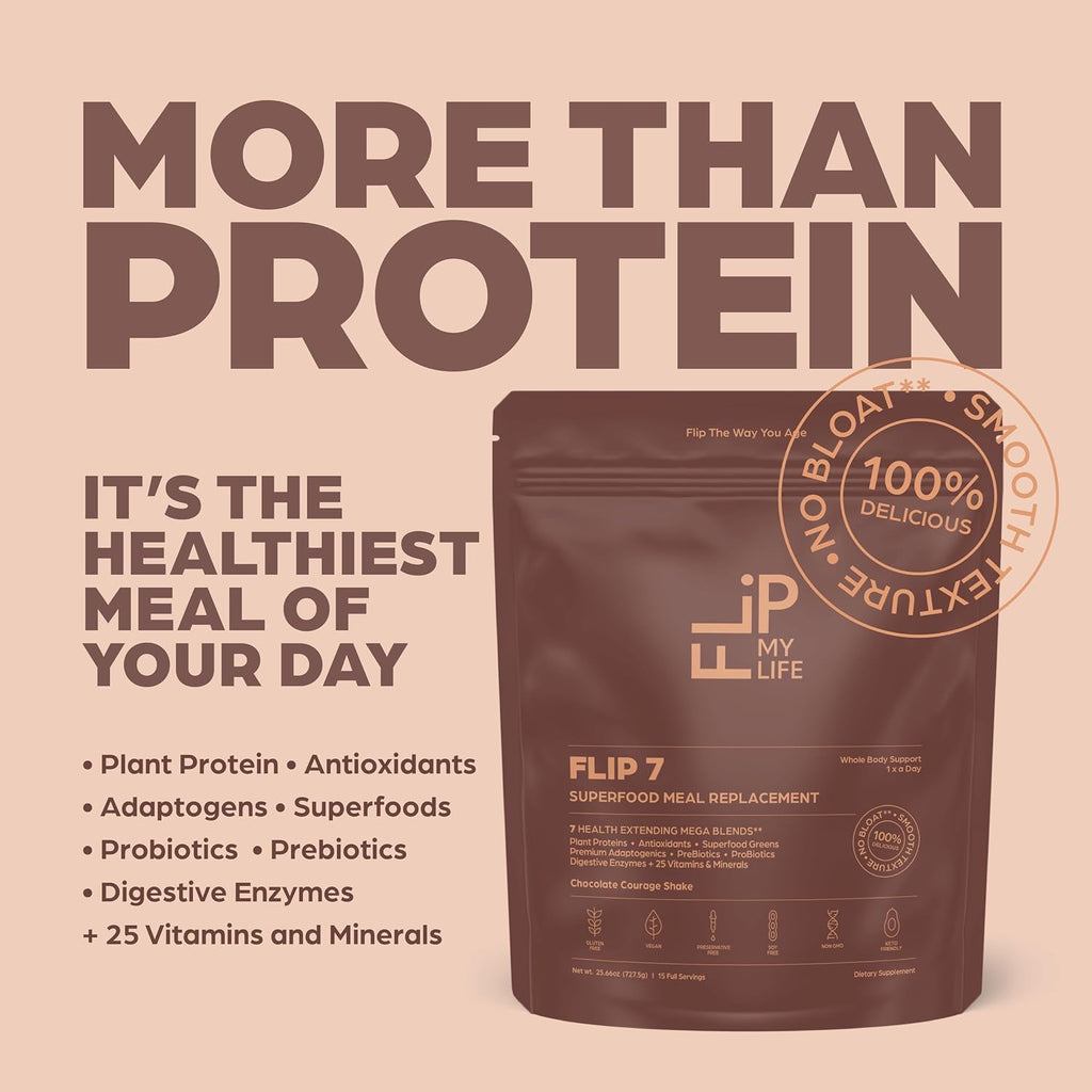 Flip My Life, Flip 7 Natural SuperFood, Plant-Based Protein, Complete Meal Replacement to Support Healthy Gut, 7 Mega Nutrient Rich Blends all in one to AGE BETTER - Chocolate