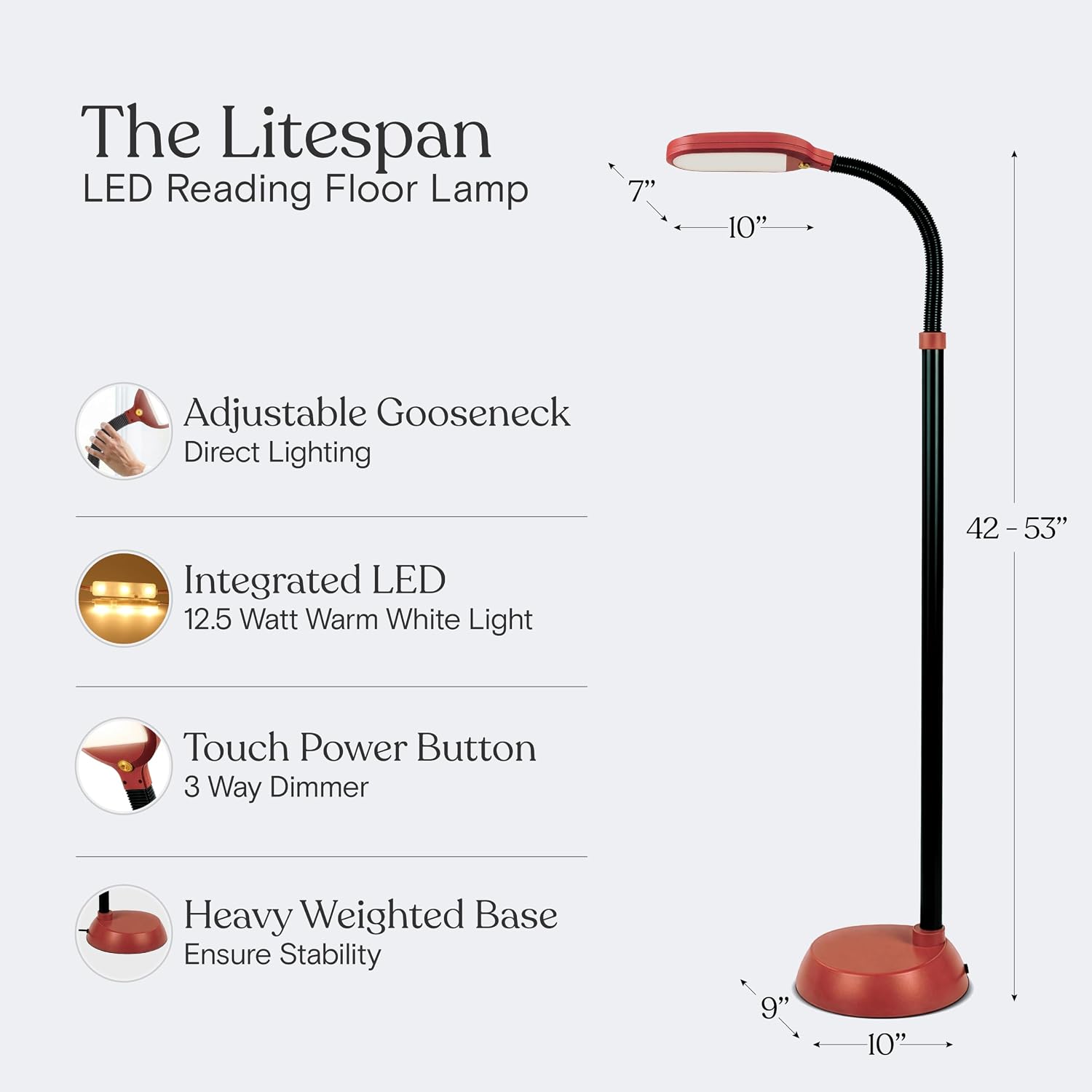 Brightech Litespan - Bright LED Floor Reading Lamp for Over Chair Crafts and Reading, Estheticians' Light for Lash Extensions, Adjustable Standing Lamp for Living Room, Bedroom, Office - Red