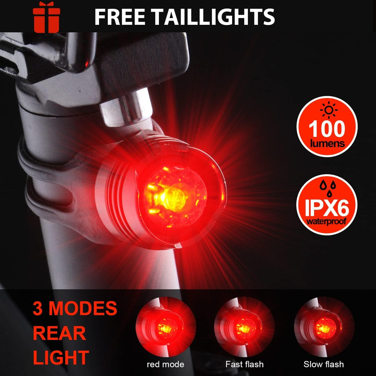 Victagen 5000 Lumens 3LED Bike Lights for Night Riding, Super Bright Front and Back Bike Headlight, USB Rechargeable, 6 Modes