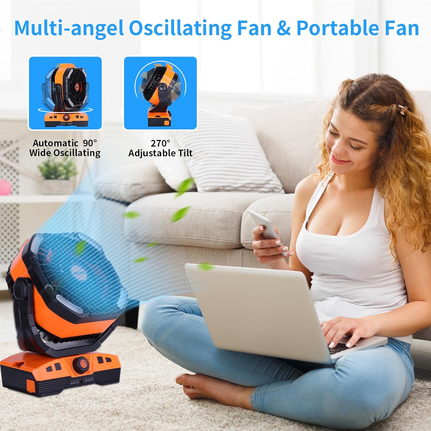 WESTTREE Camping Fan Oscillating Portable Fan Battery Powered Fans Rechargeable Camping essentials with Light Hook, 270° Pivot USB Desk Battery Operated Outdoor Tent Travel
