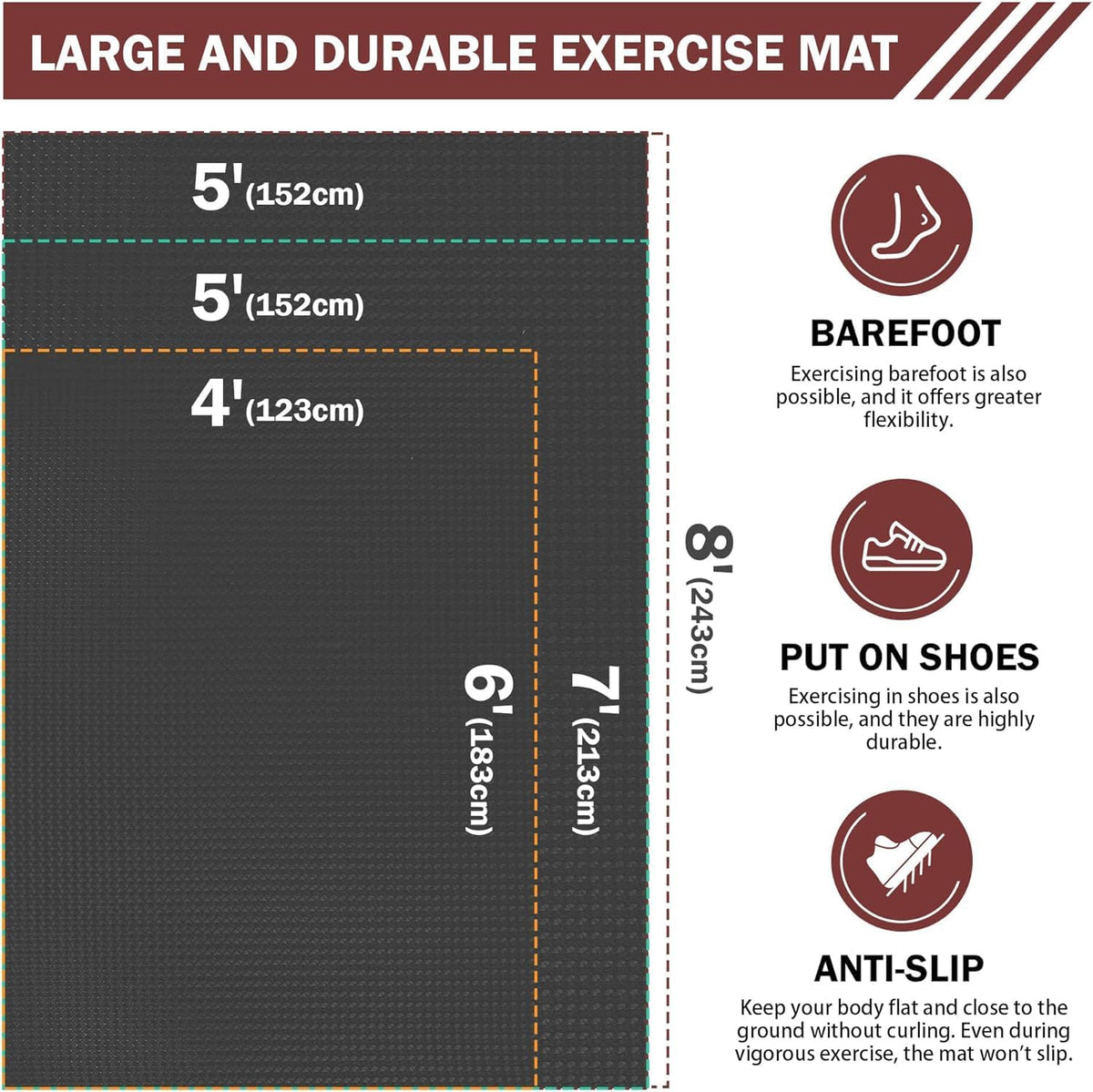 Stepwaver Extra Large Exercise Mat, 6'x4'/ 7'x5'/ 8'x5'/ 9'x5'/10'x5' (6mm)