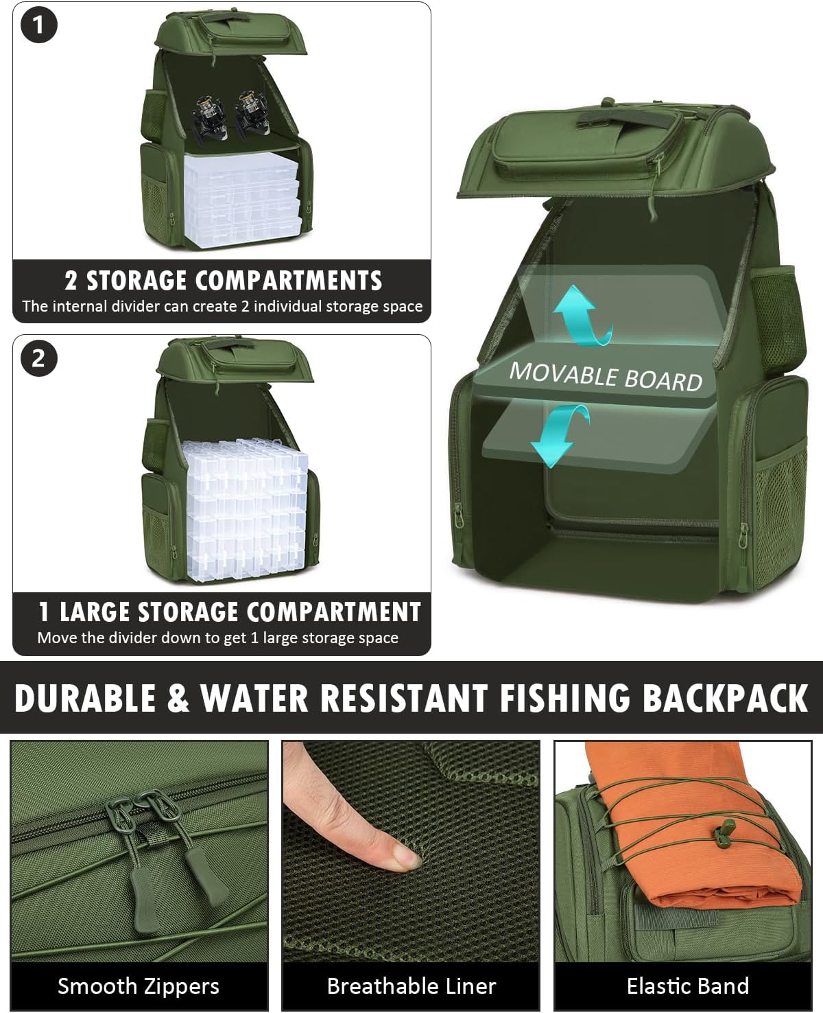 HAMBOLY 50L Fishing Backpack with Tackle Boxes, Cooler & Rod Holders