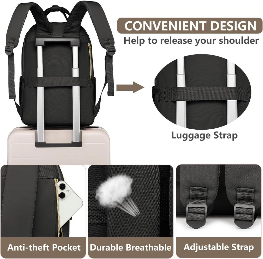 Laptop Backpack for Women Work Bag - 15.6 inch Black Travel Backpack College Backpack with USB Charger Business Office Back Pack for Teacher Casual Waterproof Bookbag for Nurses
