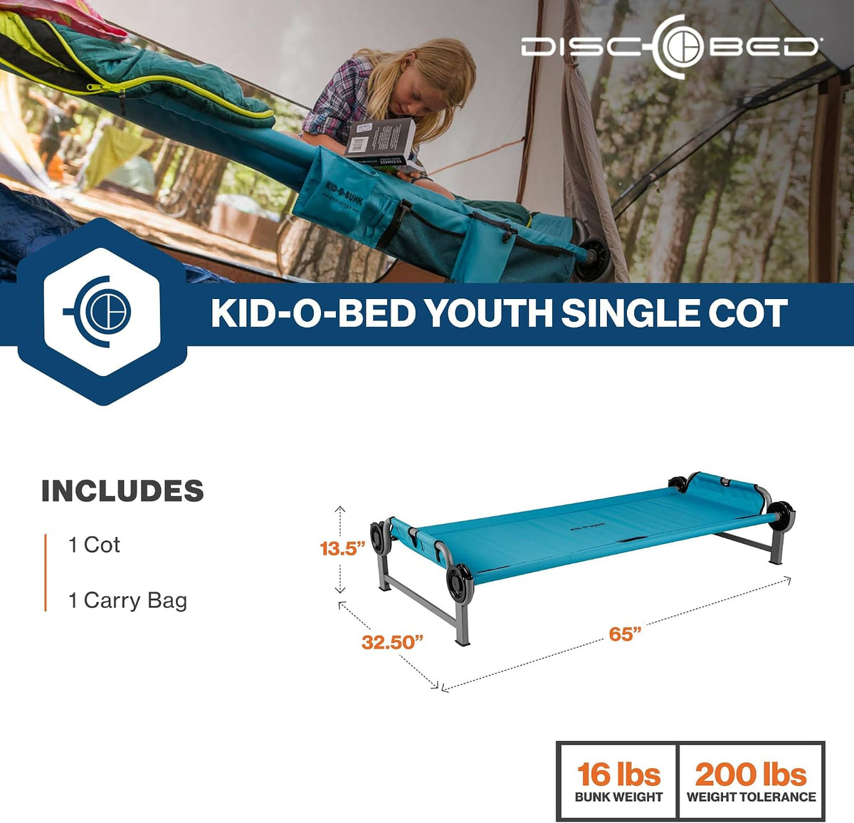 Disc-O-Bed Kid-O-Bunk Youth Modular Single Camping Cot, Ages 7 to 12, Teal