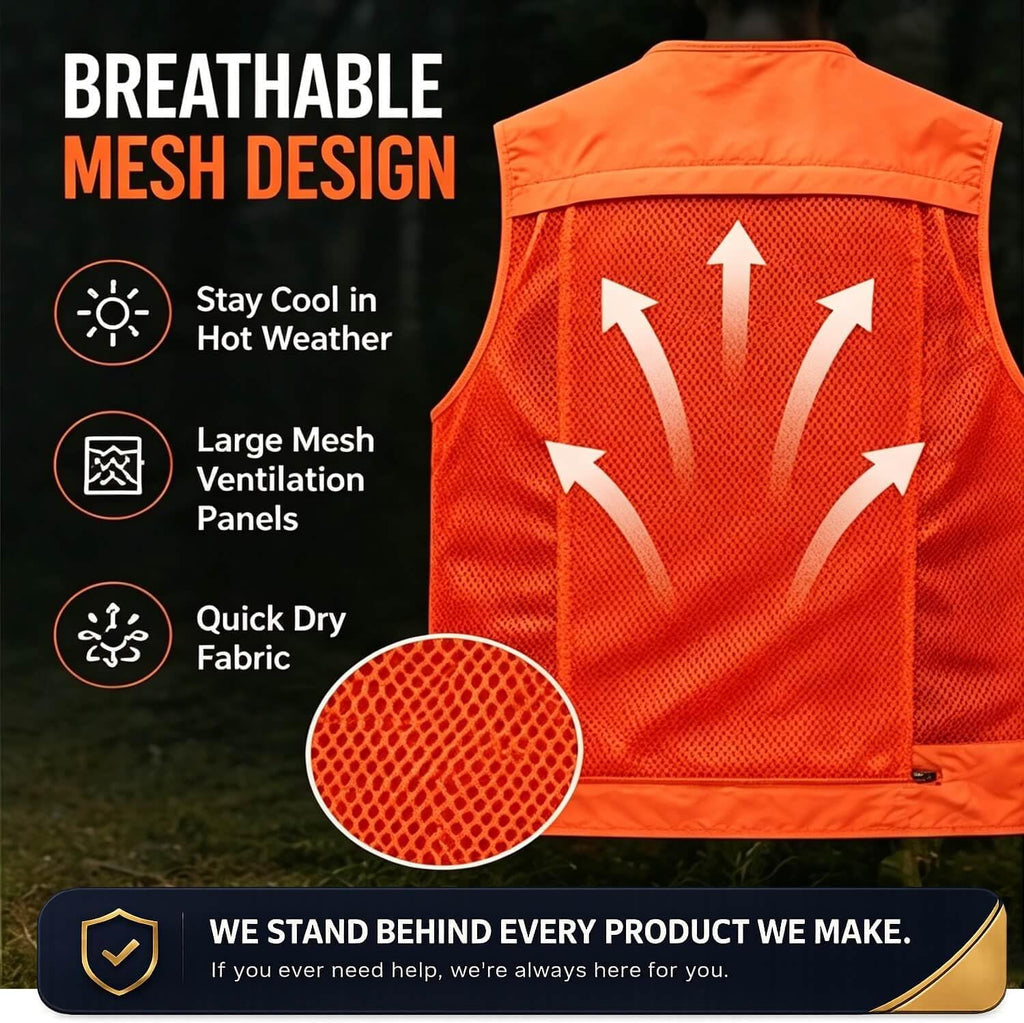 Outdoor Utility Vest for Men & Women, Lightweight Breathable Mesh Vest with Multiple Pockets for Fishing, Photography, Hiking, Camping, Travel & Safari, Orange