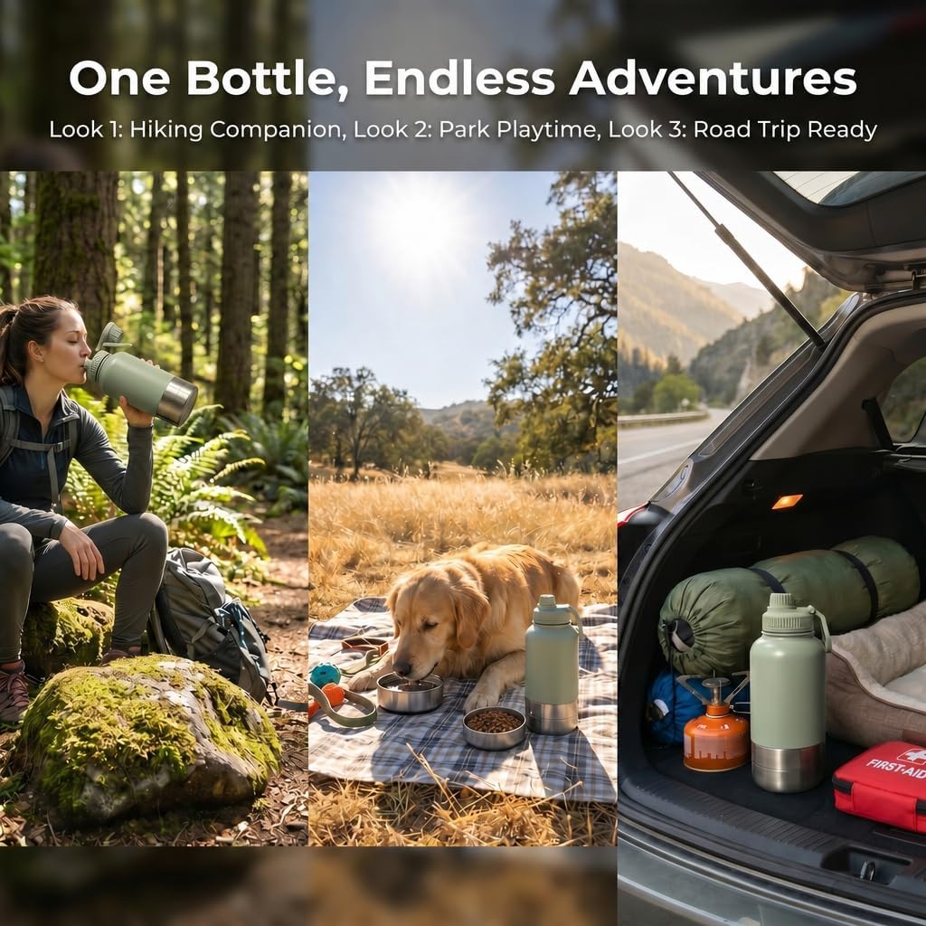 RYNVALE 32oz Insulated Stainless Steel Pet Water Bottle with Dog Bowl