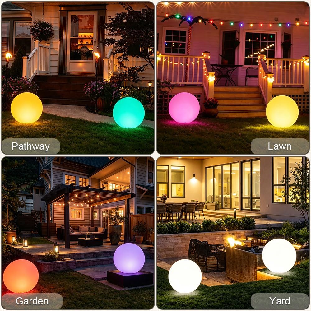 14-in LED Ball Light, Rechargeable Outdoor Globes Light Dimmable RGB Color Changing Globe Floor Lamp w/Remote, Modern Versatile LED Globe Orb Lights Waterproof Glowing Orb Lamp for Home Yard Lawn Path
