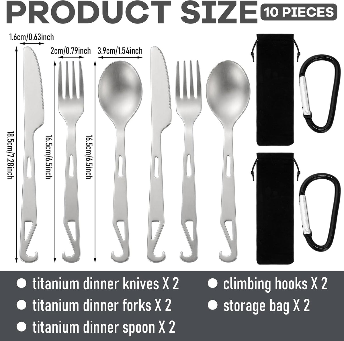 Hushee 6 Pcs Titanium Flatware Knife Fork Spoon Set Camping Utility Cutlery