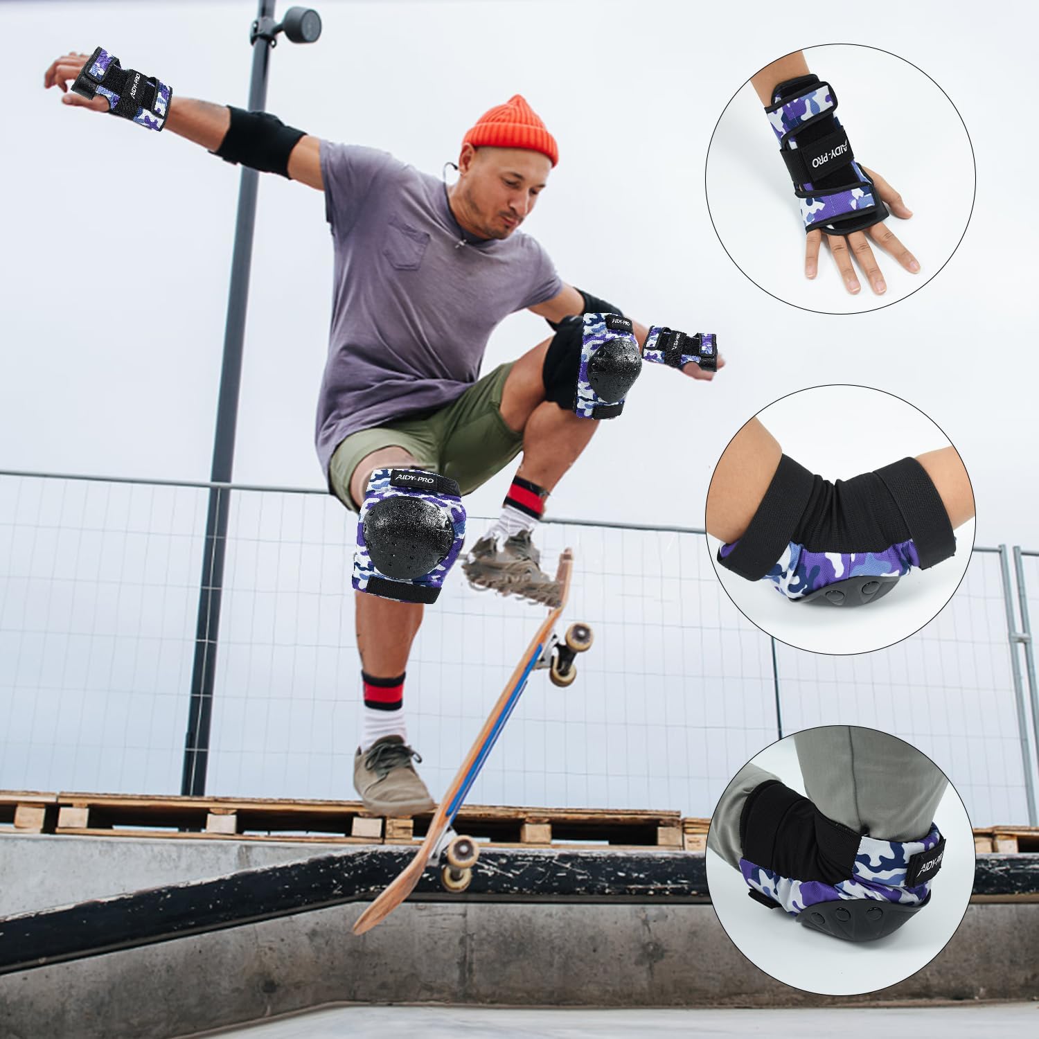 AIDY-PRO Adult/Youth/Kids Knee Pads and Elbow Pads Set Skateboard Protective Gear, 6 in 1 Knee Guards Kids Wrist Guards for Roller Skating Skateboarding Biking