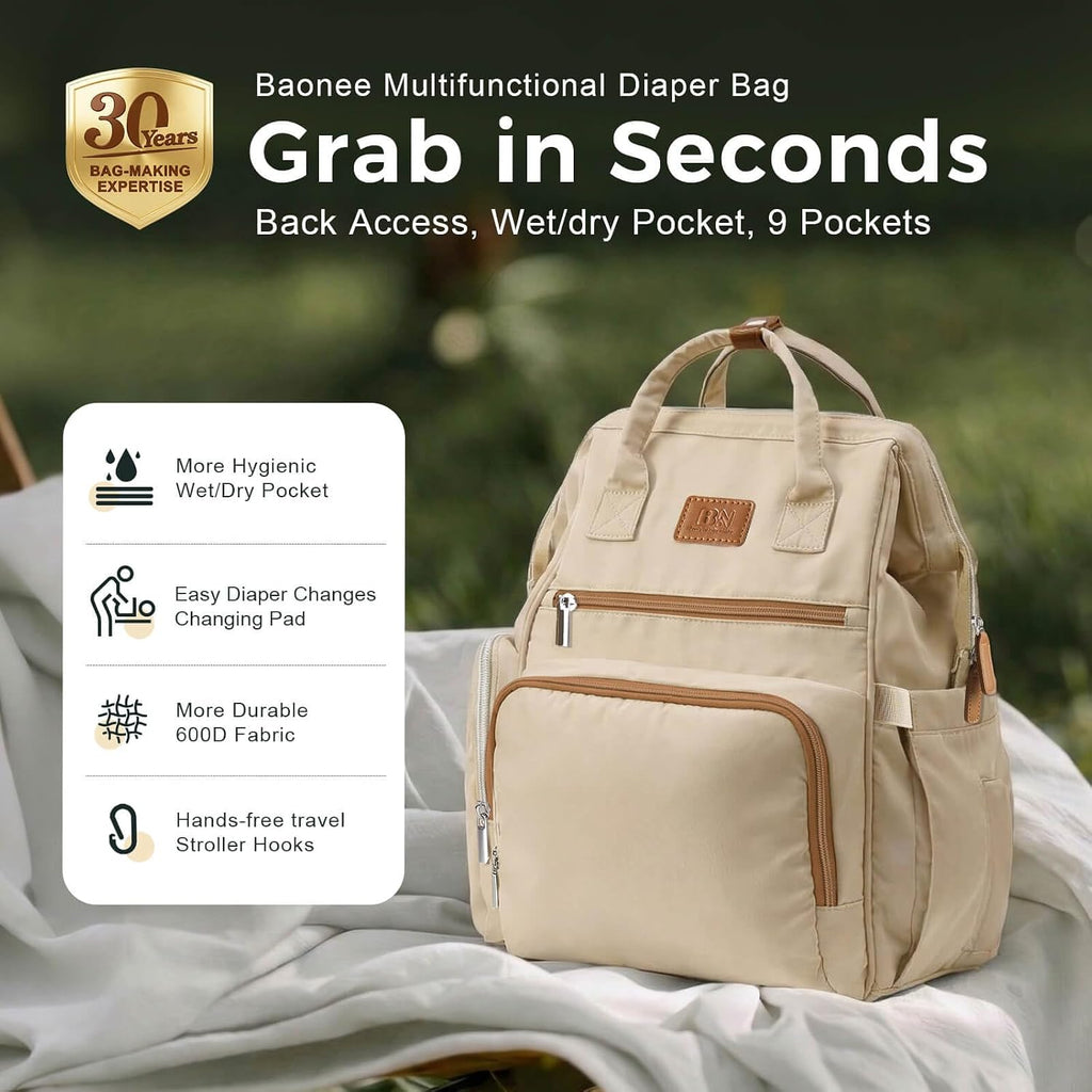 diaper bag backpack with Wet/Dry Pocket, Changing Pad, 25L Brown