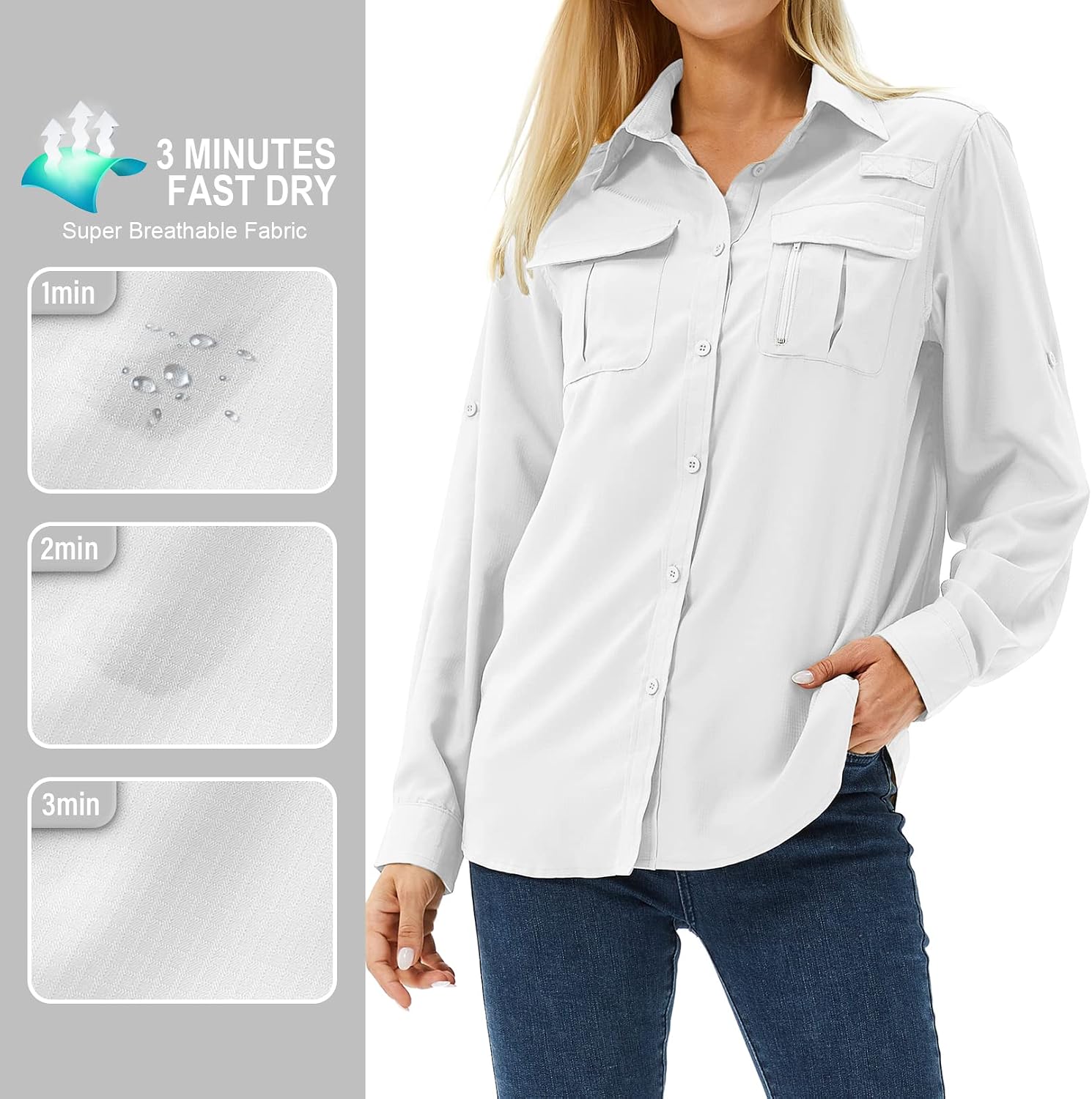 Women's UPF 50 Long Sleeve Sun Protection Safari Fish Hiking Shirts
