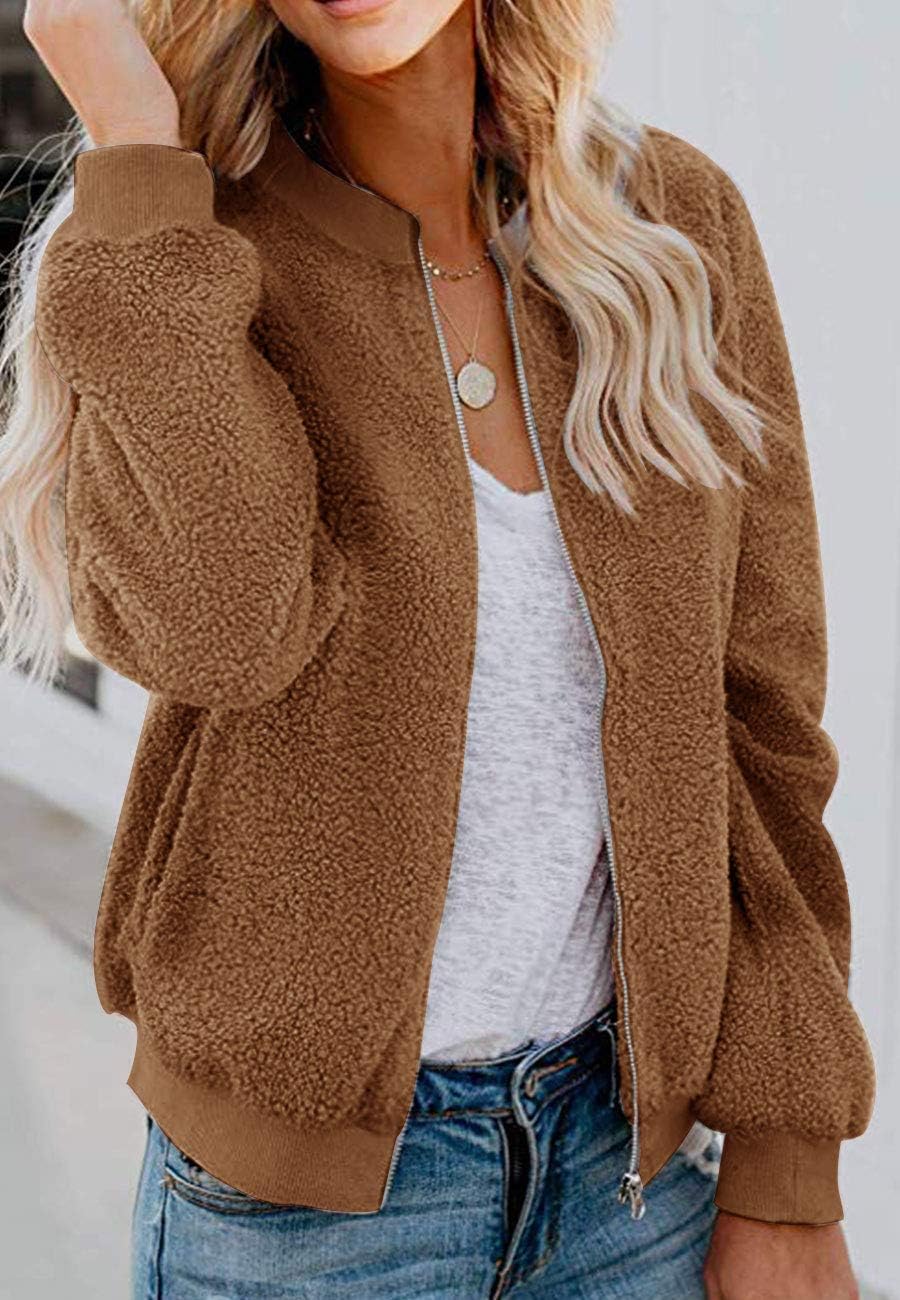 MIROL Women's Fall Fleece Bomber Jacket Trendy Sherpa Winter Coat Fuzzy Casual Long Sleeve Zip Up Loose Fit Jackets