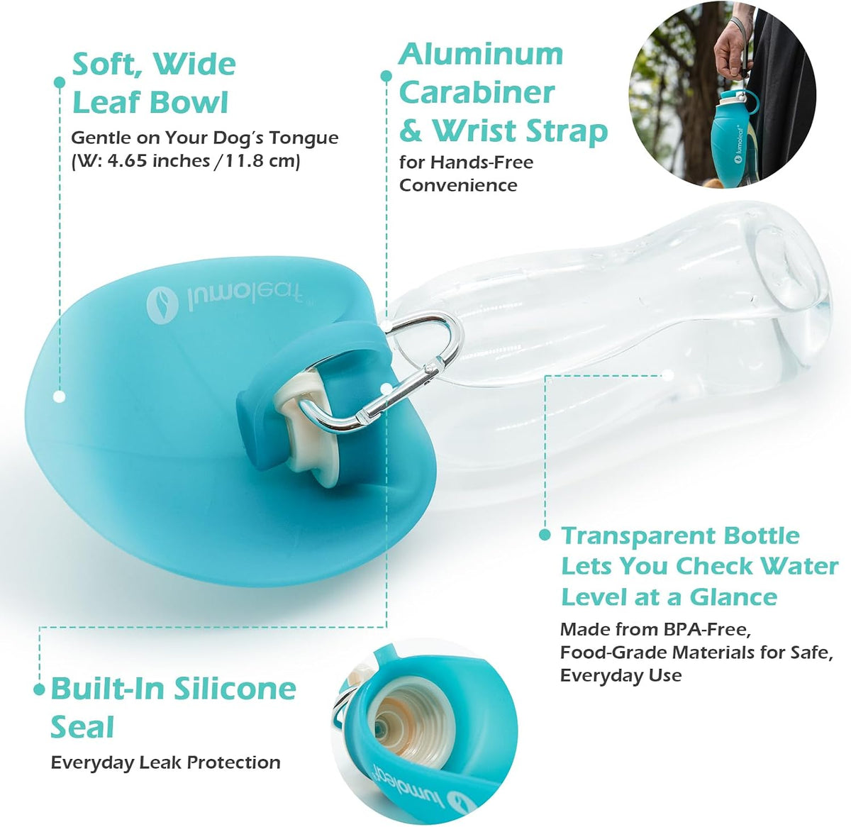LumoLeaf Dog Water Bottle for Walking, Portable Pet Water Dispenser with Foldable Leaf Bowl – Lightweight Travel Bottle for Small & Medium Dogs, 20 fl oz