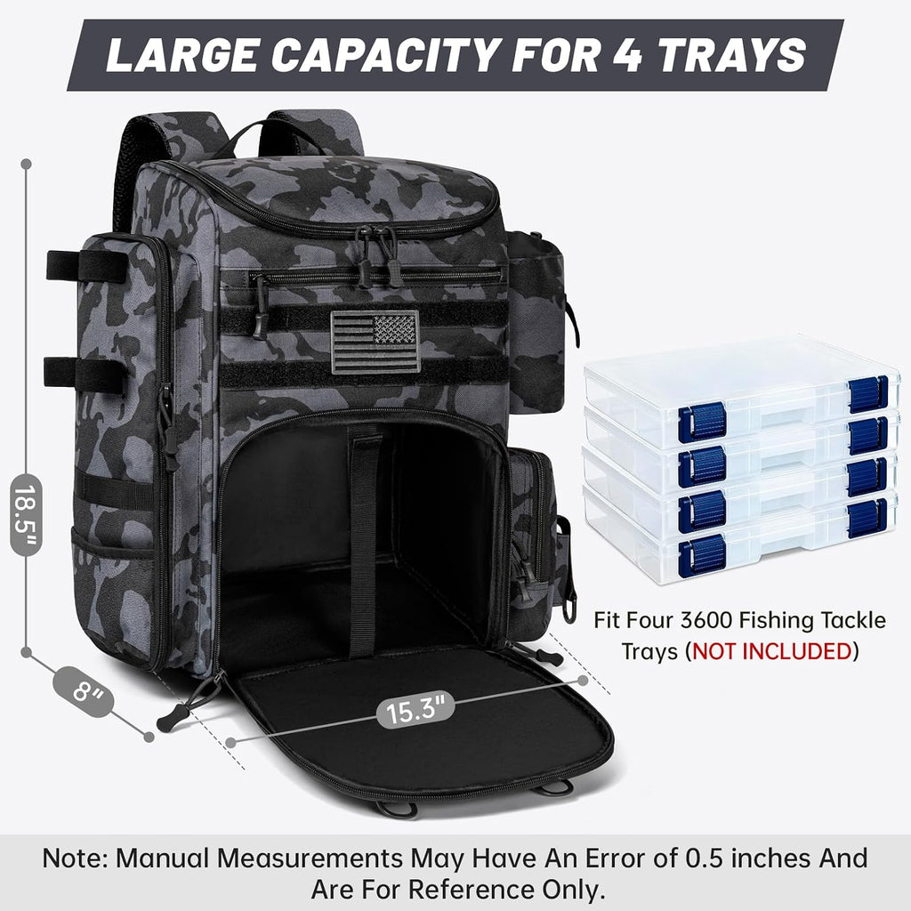 40L Tackle Fishing Backpack with 2 Rod Holders, Fits 4 3600 Trays