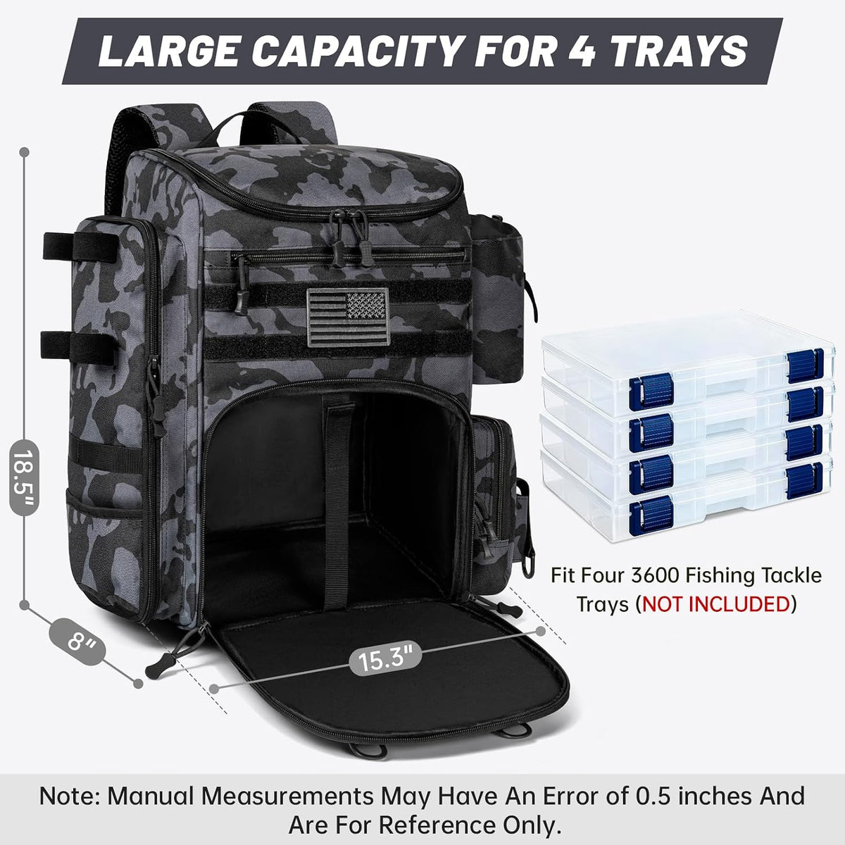 40L Tackle Fishing Backpack with 2 Rod Holders, Fits 4 3600 Trays