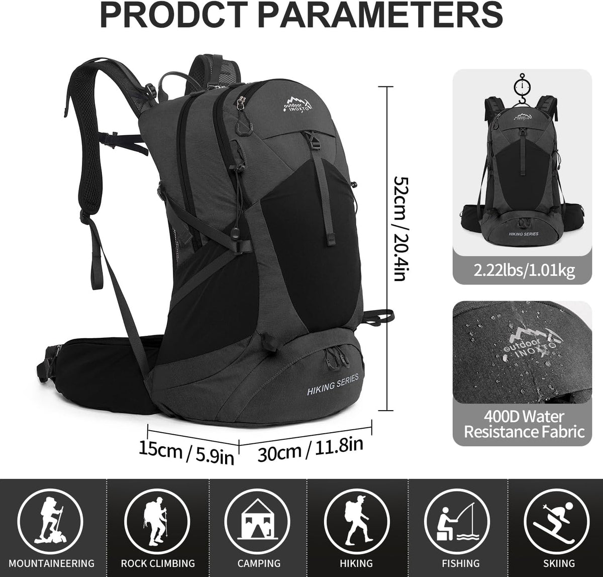 IX INOXTO Hiking Backpack, 26L/40L Waterproof Hiking Daypack with 3L Water Bladder and Rain Cover, Lightweight Travel Camping Backpack for Men Women (Black)