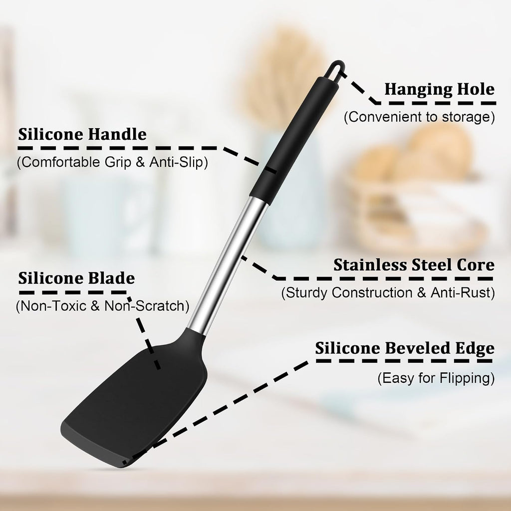 TeamFar Cooking Utensils Set, 5 PCS Silicone Kitchen Utensils, Black