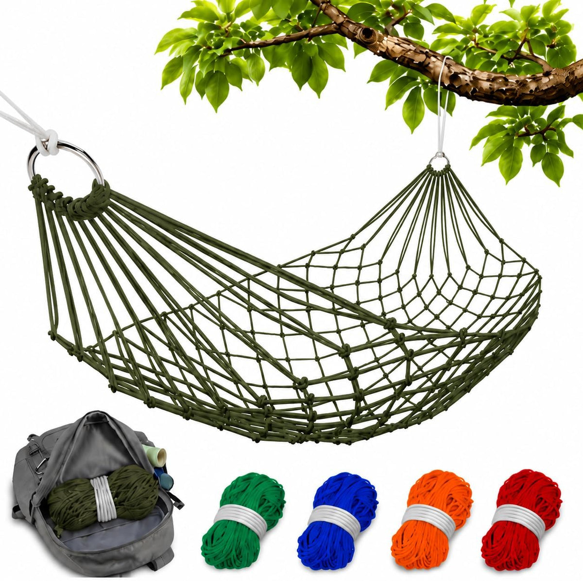 Mesh Hammock, Net Hammock for Outside Camping, 220 lb, Dark Green
