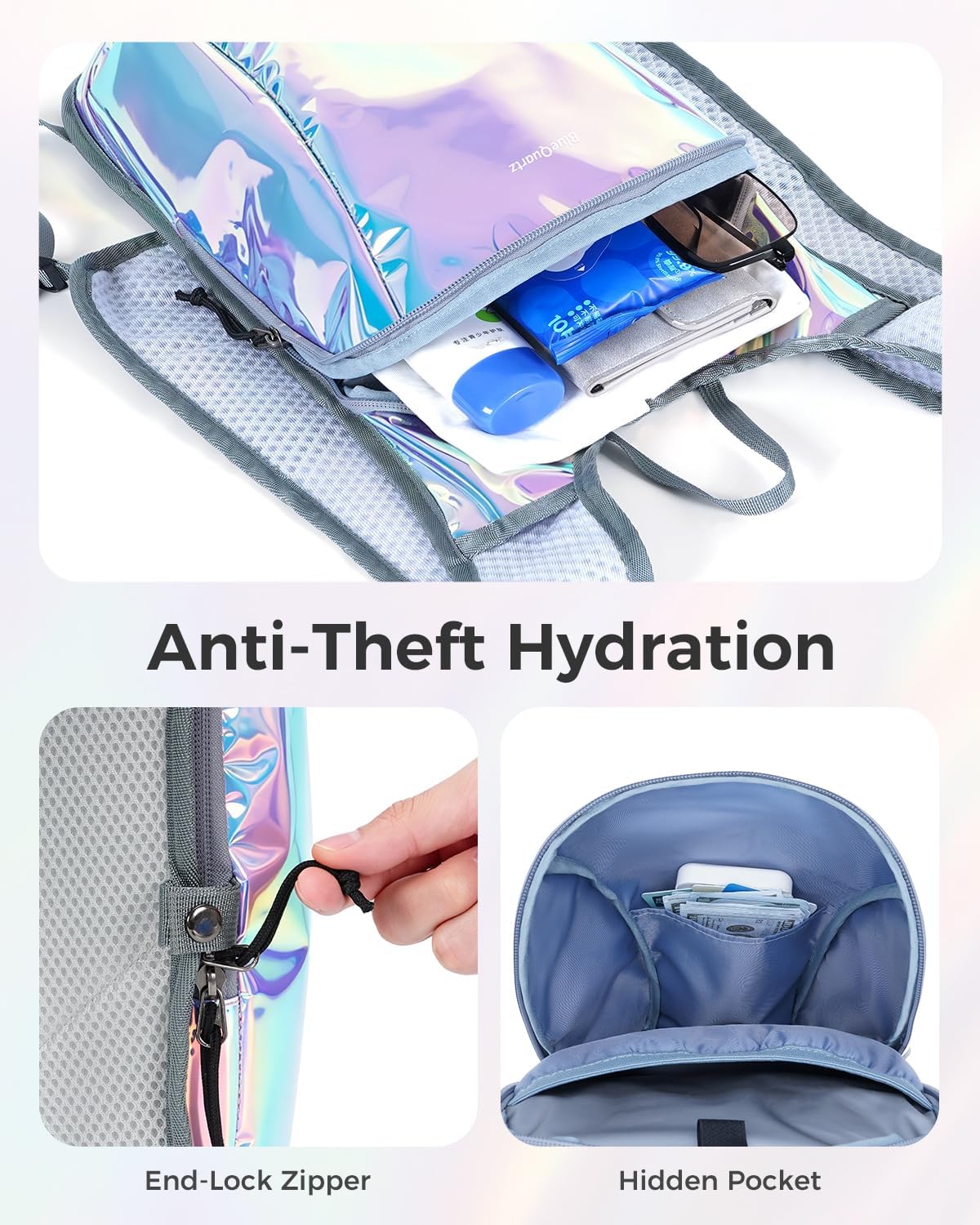 Blue Quartz Rave Hydration Backpack, Reflective Hiking Pack with 2L Water Bladder & Phone Pocket, Hydro Pack with Insulated Compartment for Festival Running Cycling for Men Women