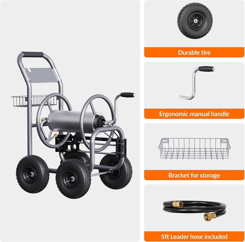 Giraffe Tools Heavy Duty Garden Hose Reel Cart with Wheels - Industrial Outdoor Hose Storage Reel, Pre-Installed Guide for 250-Feet of 5/8" Hose Capacity