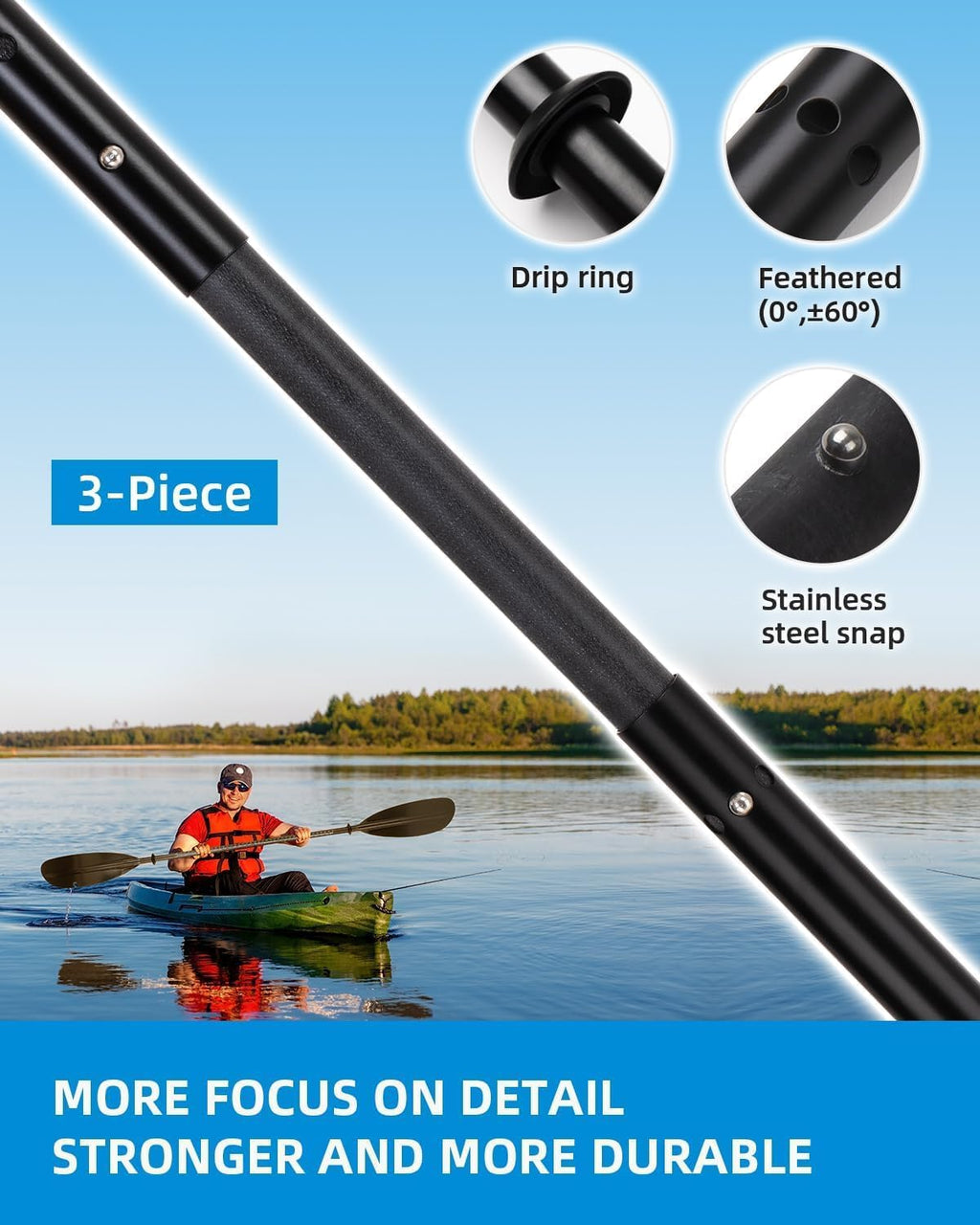OCEANBROAD Adjustable Fishing Kayak Paddle - 94in/240cm-98in/250cm-102in/260cm Aluminum Alloy Shaft with Paddle Leash