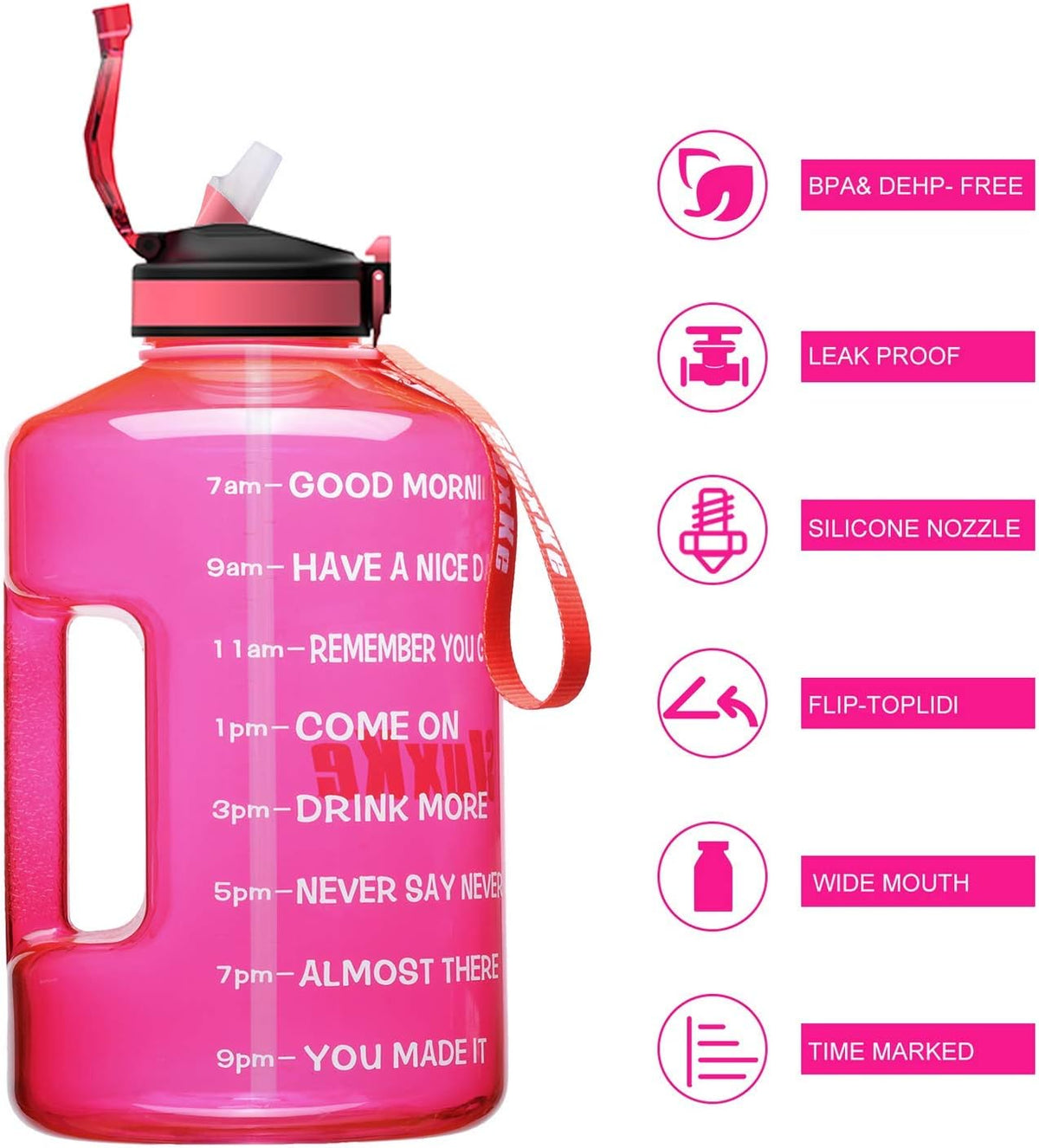 SLUXKE 1 Gallon Water Bottle with Time Marker and Straw, BPA Free 128oz Leak Proof Motivational Large Water Bottle Jug with Handle, Pop Up Open Sports Big Bottle Jug with Comfortable Silicone Nozzle