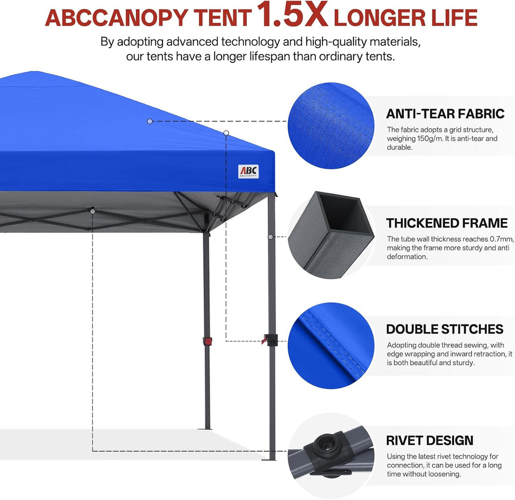 ABCCANOPY 10x10 Pop Up Canopy Tent, Easy Setup Instant Canopy with Wheeled Bag, Heavy Duty Outdoor Canopy for Beach, Market, Backyard, UV Protection, Outdoor Weather Protection (Royal Blue, 10x10)