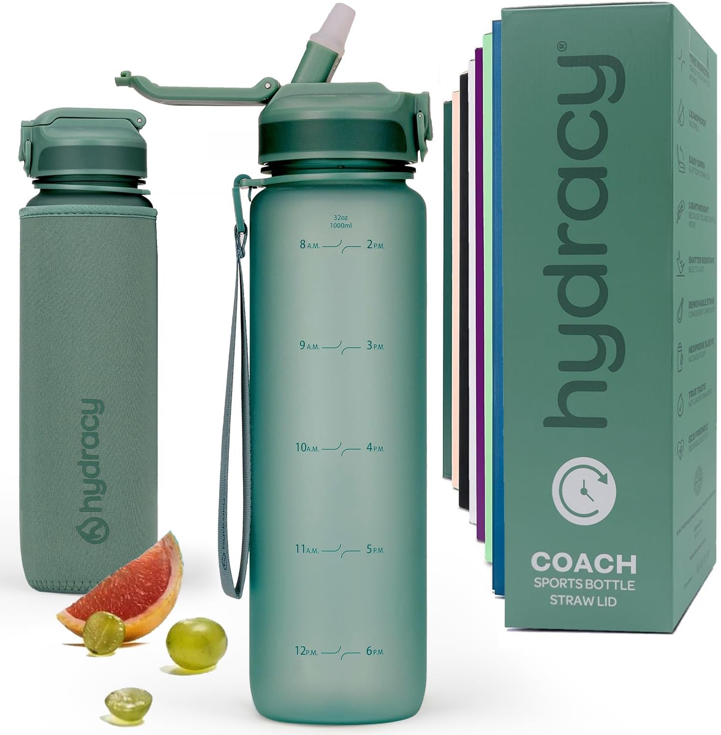 Hydracy Motivational Water Bottle with Time Marker and Straw Lid 32 oz