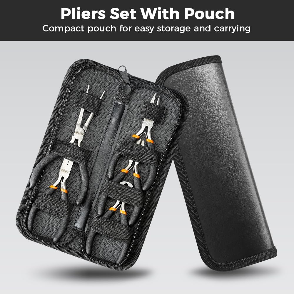 SOONAN 5 Pieces Mini Pliers, Long Lasting Tool Set Cable Cutters – Long Needle Nose, Long Nose, Nipper Bent Nose, End Cutting, Diagonal Cutting, Precision Pliers Set