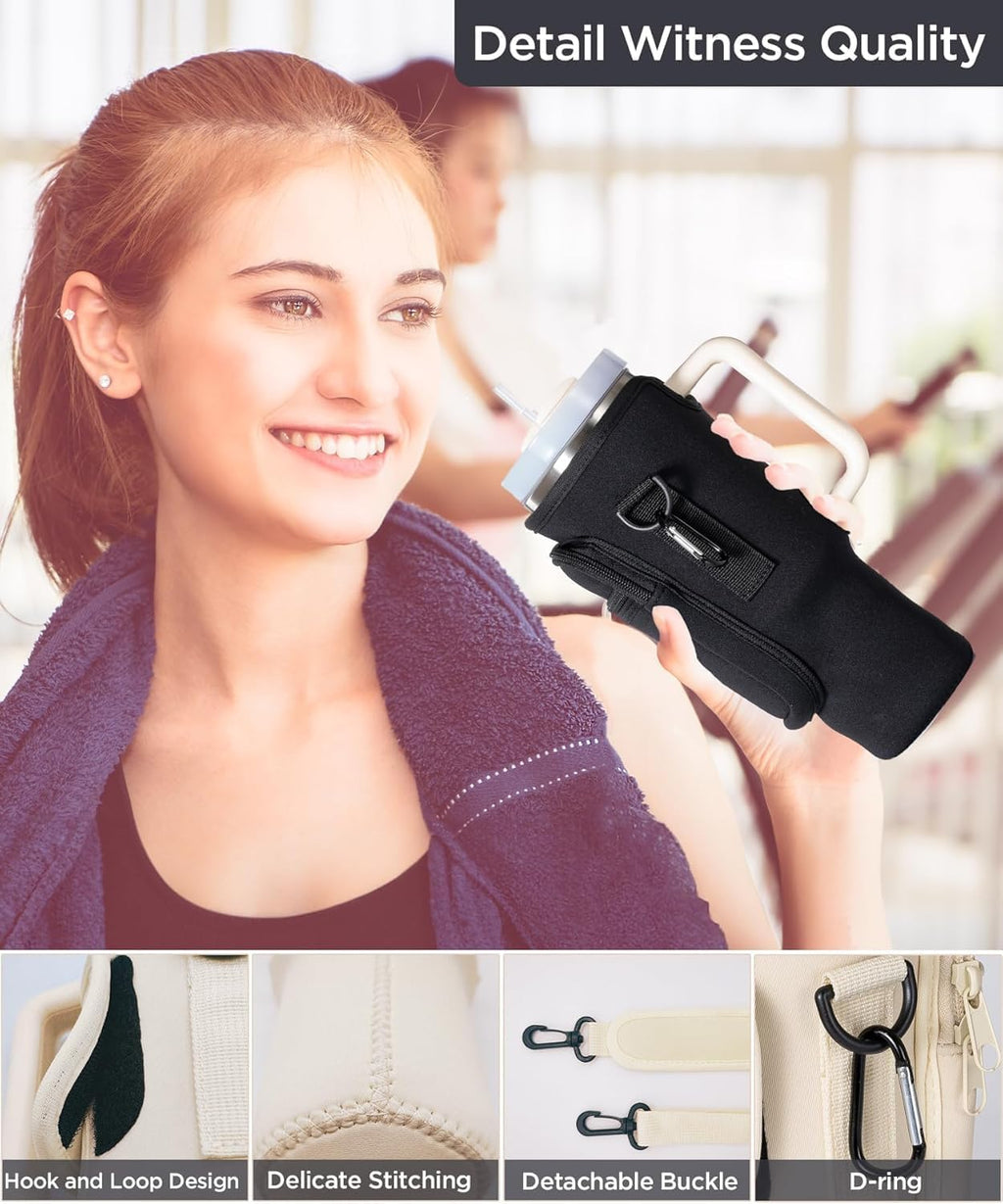 dabria Water Bottle Carrier Bag with Phone Pocket for Stanley 40/30 oz Tumbler Neoprene Water Bottle Holder Pouch with Adjustable Strap Bollus with Straw Cover for Stanley Cup Accessories