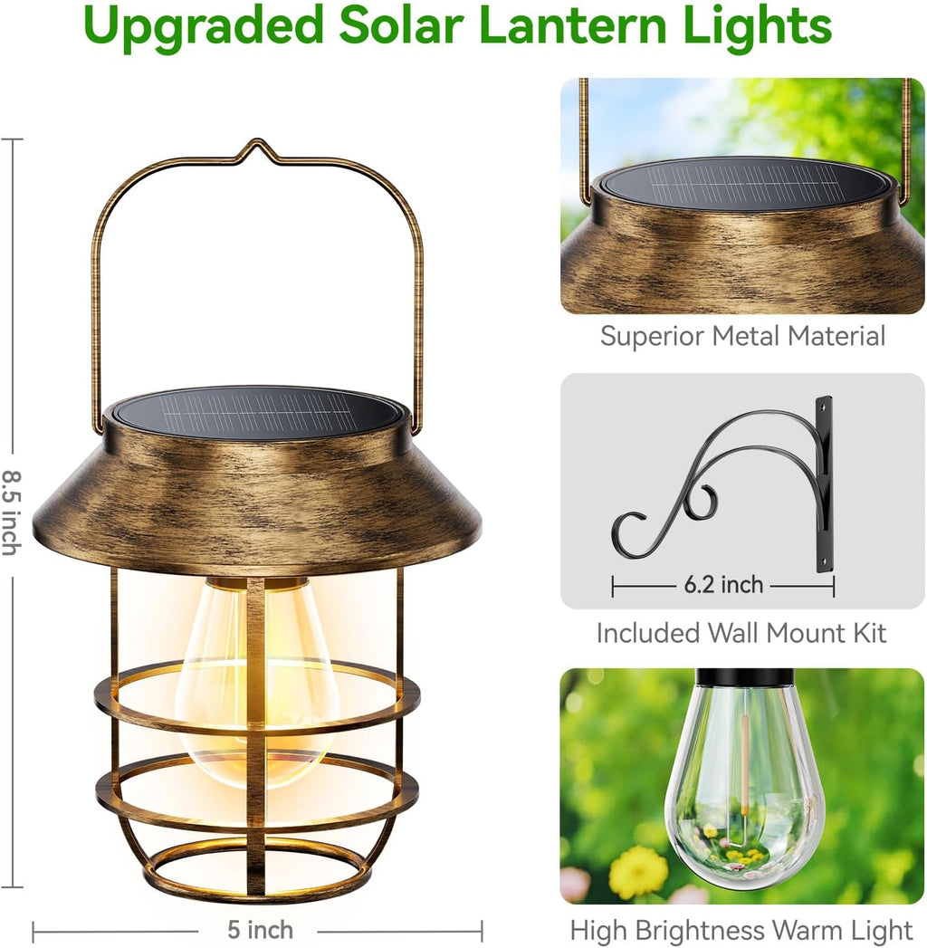 2 Pack Solar Lanterns Outdoor Waterproof, Retro Metal Hanging Lantern