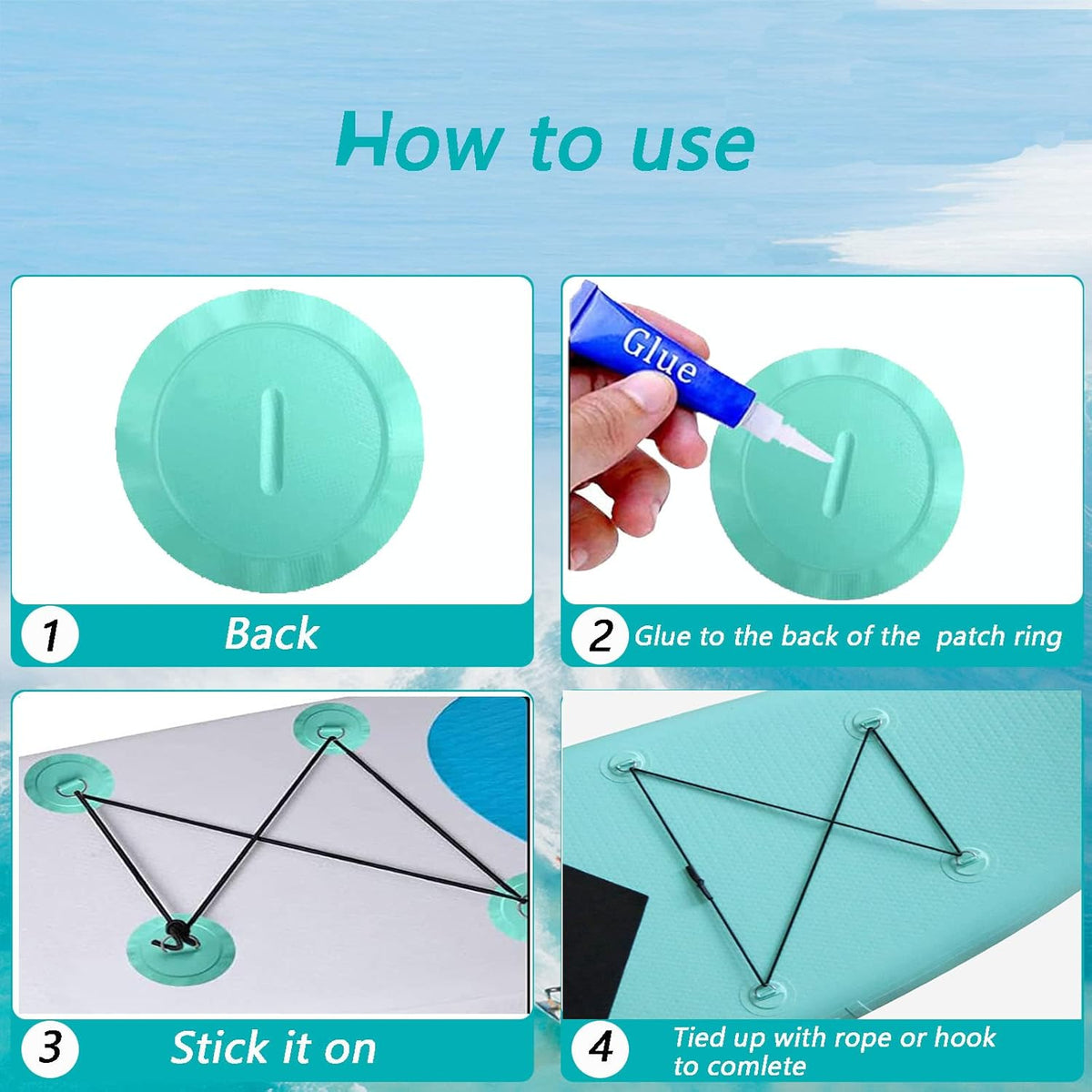 LOOEEL 6 Pack Stainless Steel D-Ring Circular Patch for PVC Inflatable Boat Kayak SUP Canoe Deck Surfboard Accessories,NO Glue Include.-Cyan