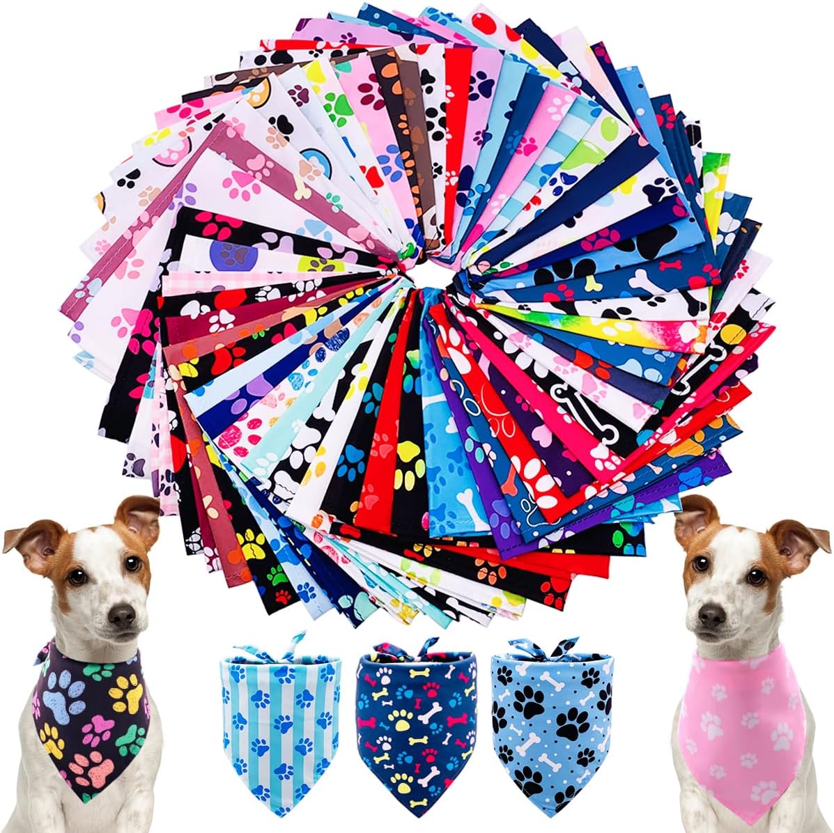 PET SHOW 50 Pack Paw Print Dog Bandanas Bulk for Medium Dogs