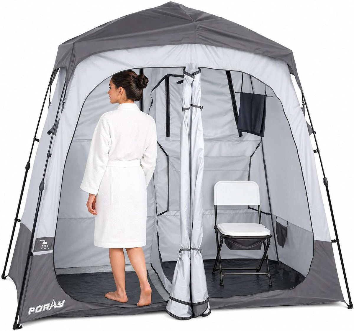 Porayhut Portable Camping Shower Tent Deluxe Changing Room Easy Set Up Privacy Shelter,Large Toilet Tent 2 Rooms with Floor Drain Design for Beach, Camping,Hiking with Stakes and Ropes for Stability