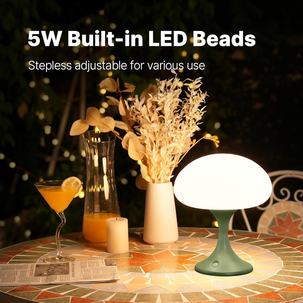 MAGCHARM Mushroom Lamp, 5W LED Cordless Rechargeable Table Lamp with Glass Shade, Small Retro Dimmable Touch Light with 3 Color Temps, Aesthetic Mid Century Bedside Light for Bedroom Ambient, Green
