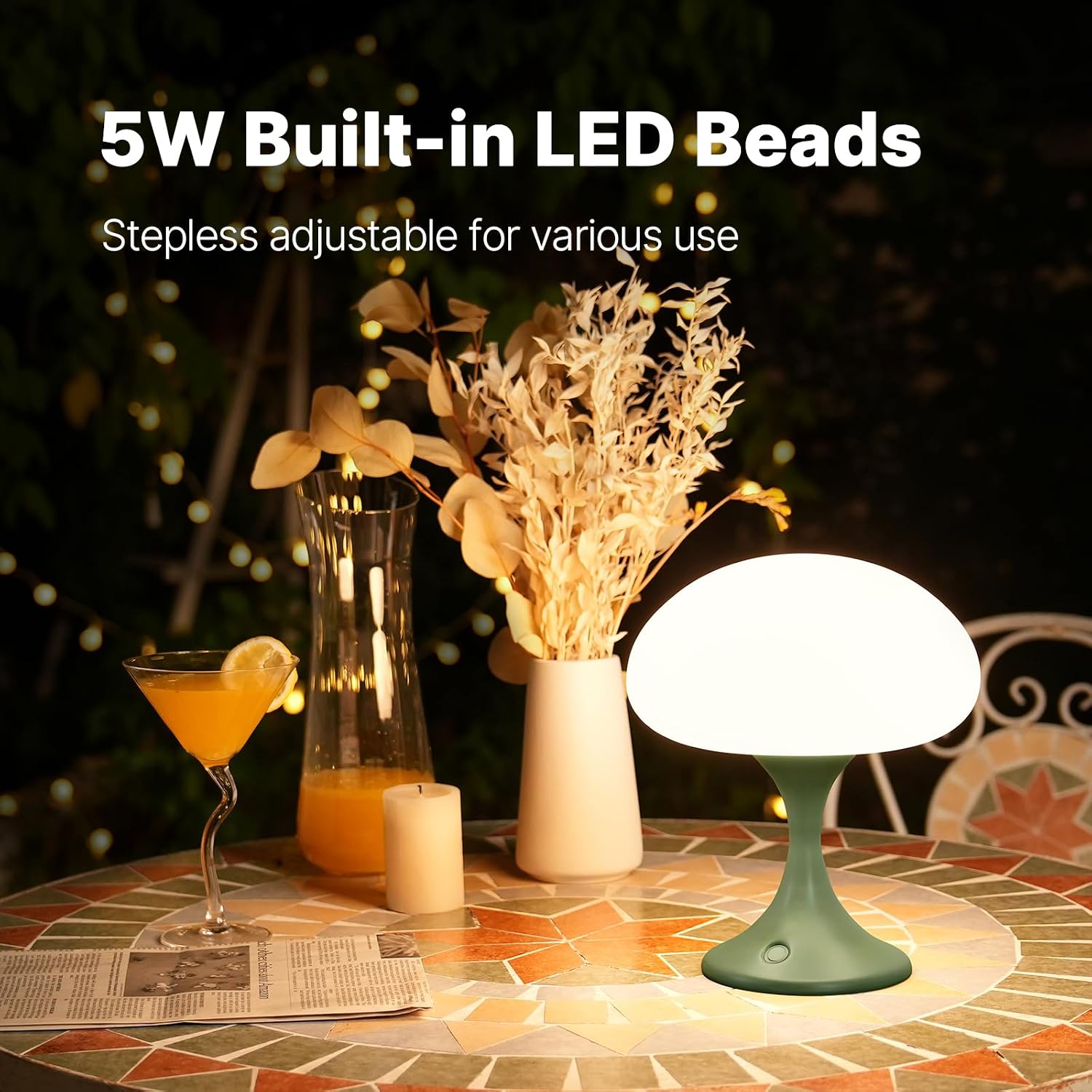 MAGCHARM Mushroom Lamp, 5W LED Cordless Rechargeable Table Lamp with Glass Shade, Small Retro Dimmable Touch Light with 3 Color Temps, Aesthetic Mid Century Bedside Light for Bedroom Ambient, Green
