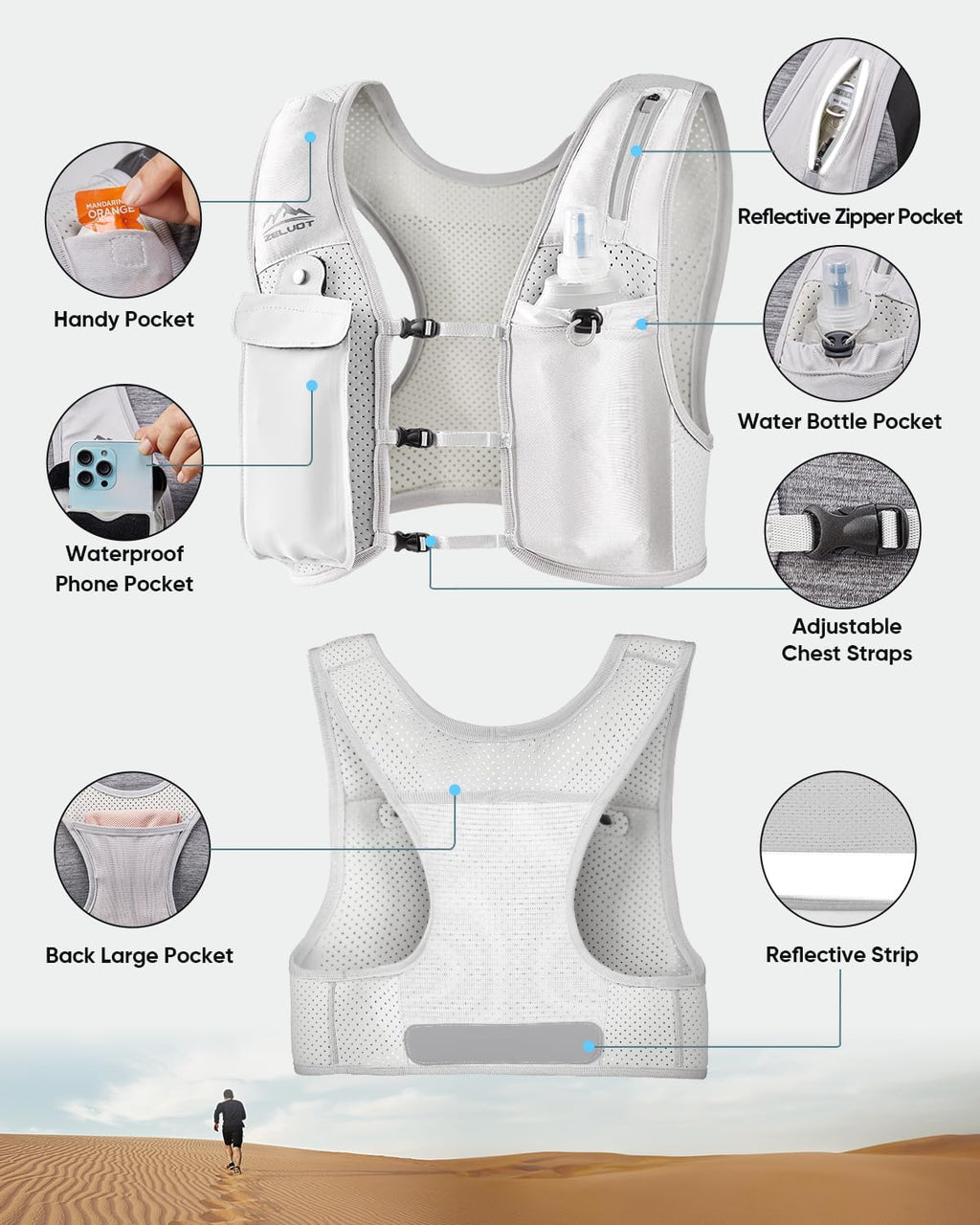 Zelvot Running Vest for Women Men, Touchscreen Phone Pocket