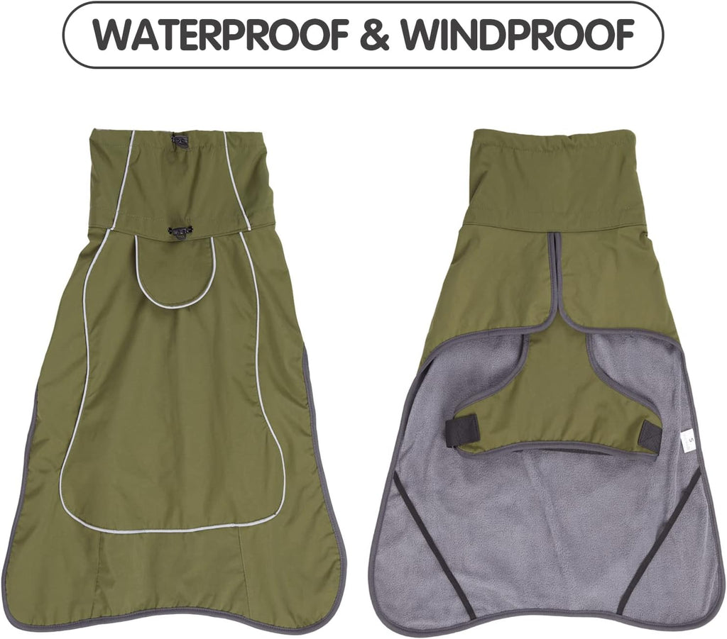 JOHNBOLIN Dog Winter Jacket & Raincoat - Waterproof Windproof Reflective Coat with Warm Insulation, All-Weather Hiking Travel Gear for Indoor/Outdoor Use(Military Green, Large)