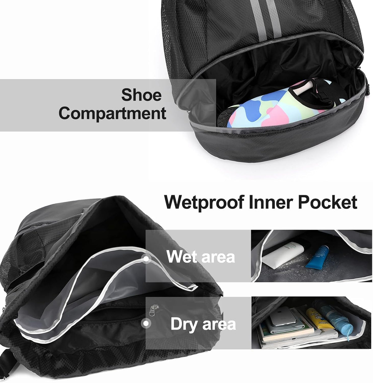 Hoedia Sports Drawstring Backpack - Swim Gym Bag for Women and Men