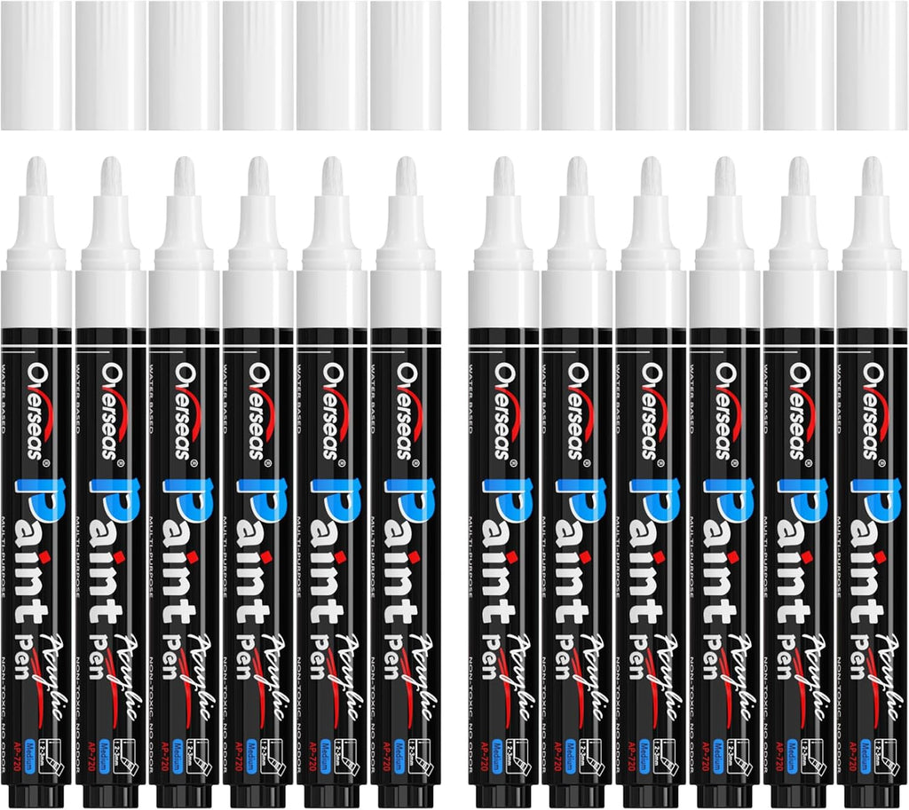 Overseas 12 Pack White Acrylic Paint Pens Permanent Markers, Medium Tip