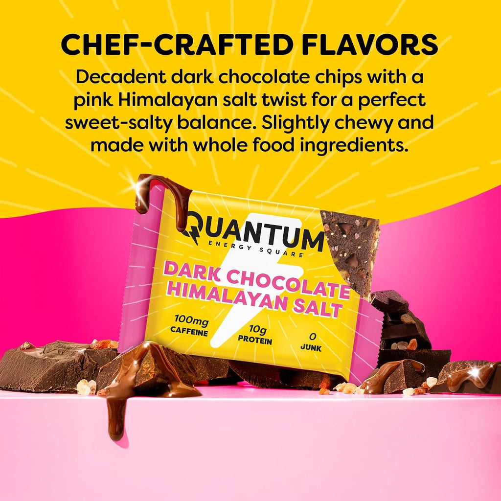 Quantum Energy Square: Energy Bar with Caffeine & 10g Protein. Delicious Healthy Snack On The Go. (Vegan, Gluten-free, Soy-free, Dairy-free) (Dark Chocolate Pink Himalayan Salt)
