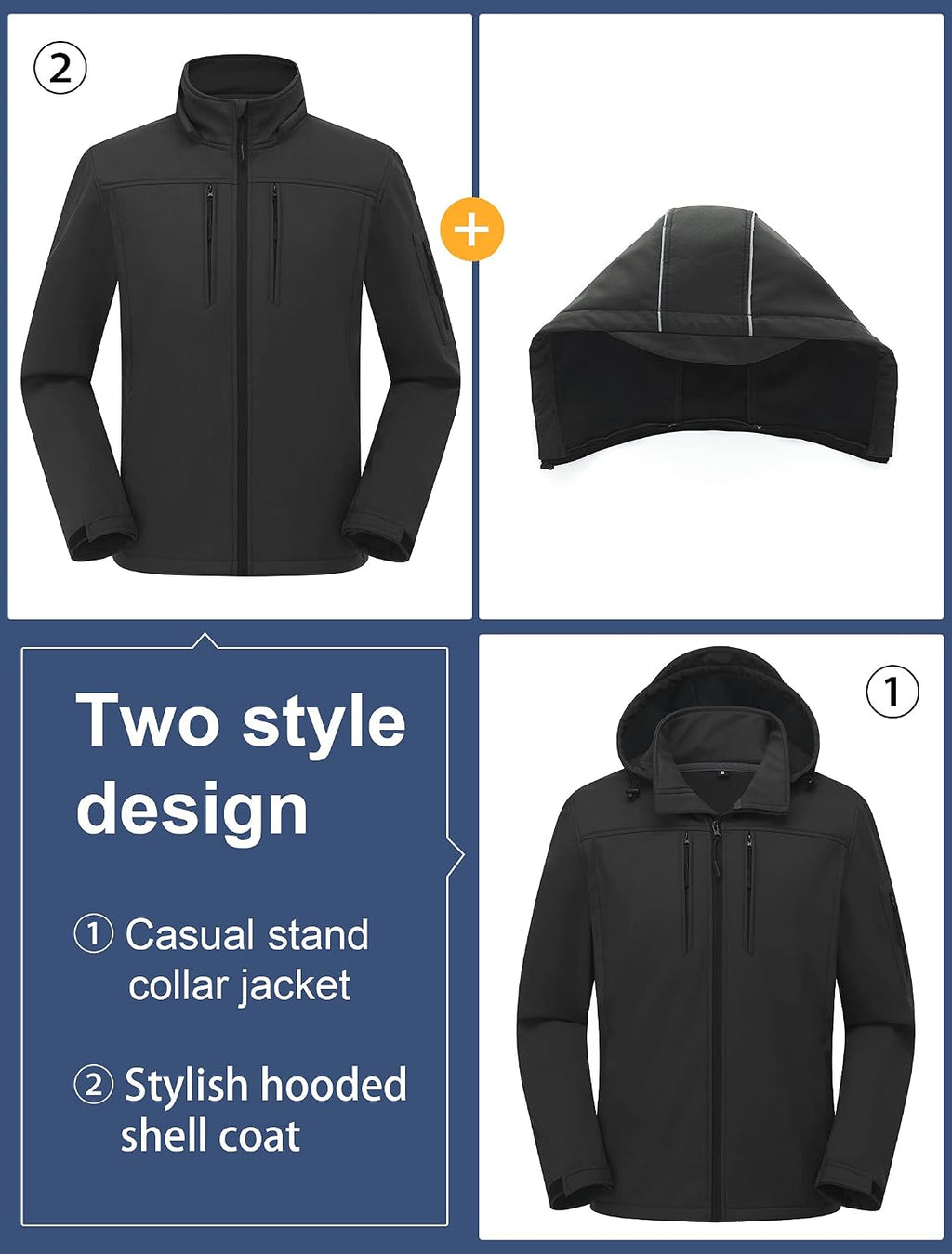CREATMO US Men's Softshell Military Jacket With Removable Hood, Fleece Lined and Water Repellent Outdoor Reflective Coat