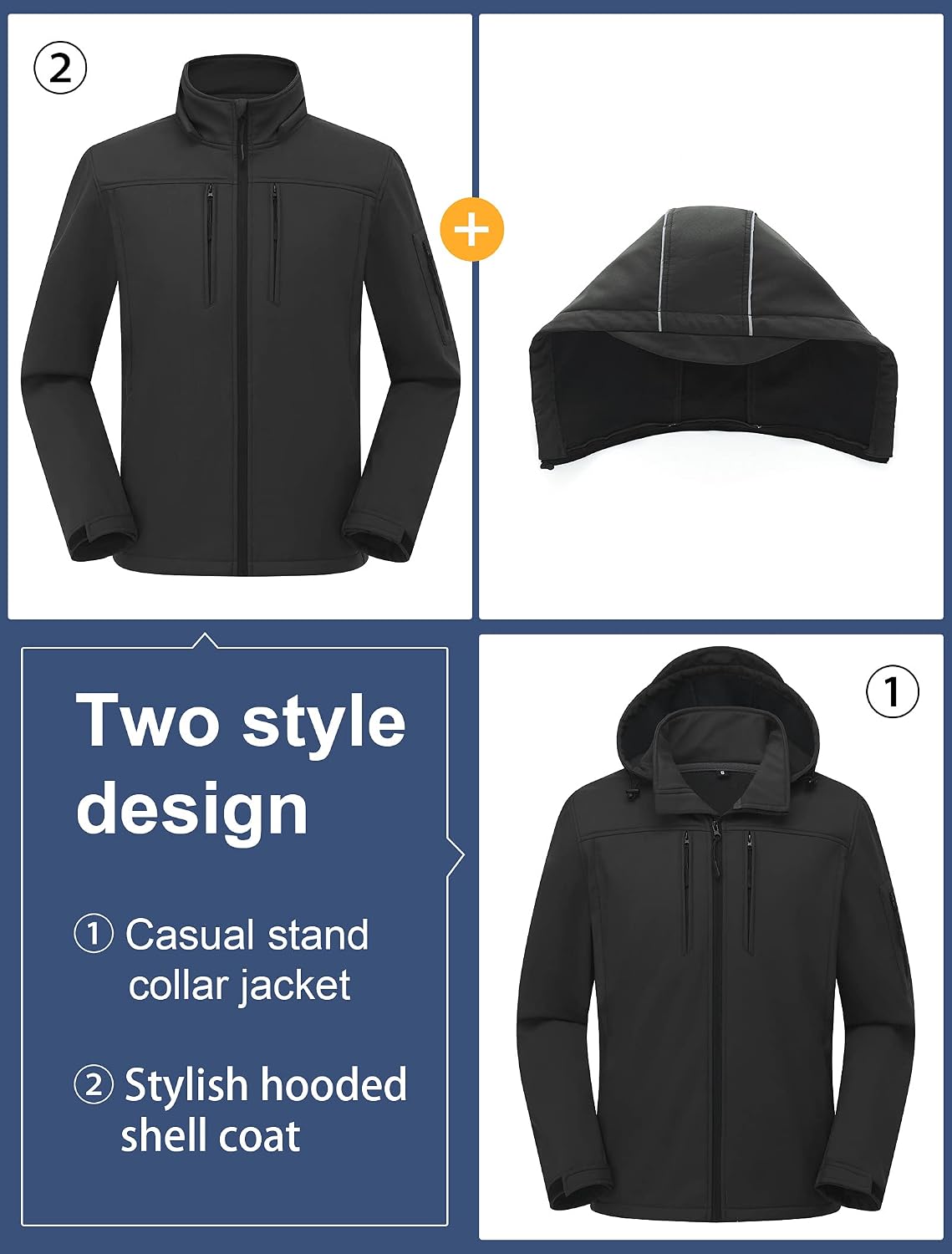 CREATMO US Men's Softshell Military Jacket With Removable Hood, Fleece Lined and Water Repellent Outdoor Reflective Coat