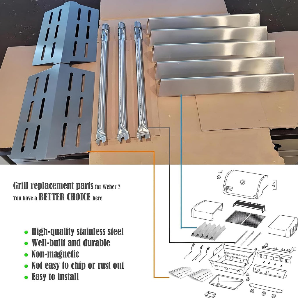 Genesis Grill Parts for Weber E310 E320 E330 EP310 EP320 EP330, 17.5” Flavorizer Bars 7620 Heat Deflector 7622 Burner Tube 62752 for Weber Genesis 300, Replacement Parts for Weber Accessories