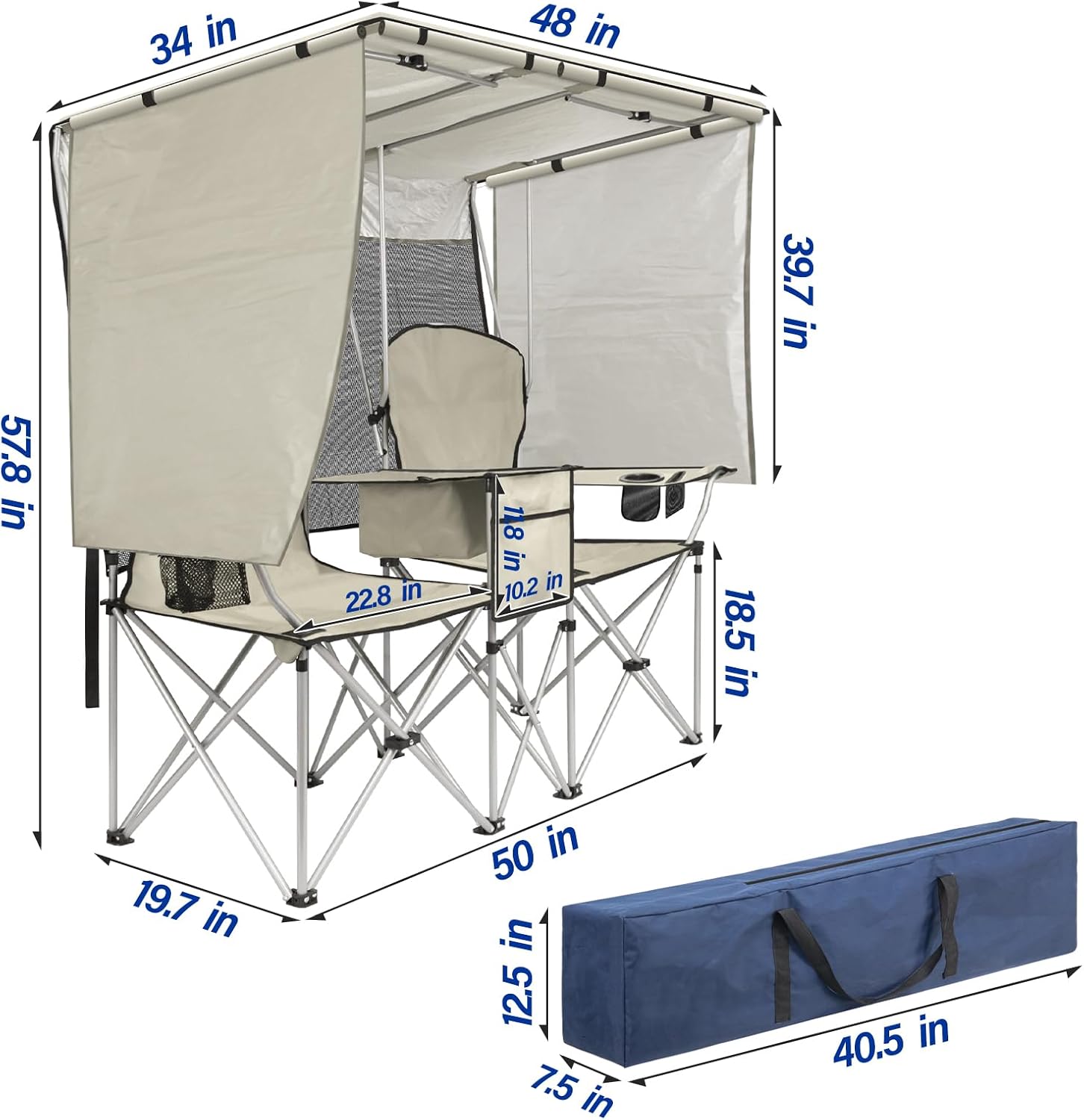 Double Beach Chair with Canopy Shade,Heavy Duty Camping Chair for Aduls,Folding Beach Chair with Cup Holder Cooler Bag for Sports Beach Outside（White）