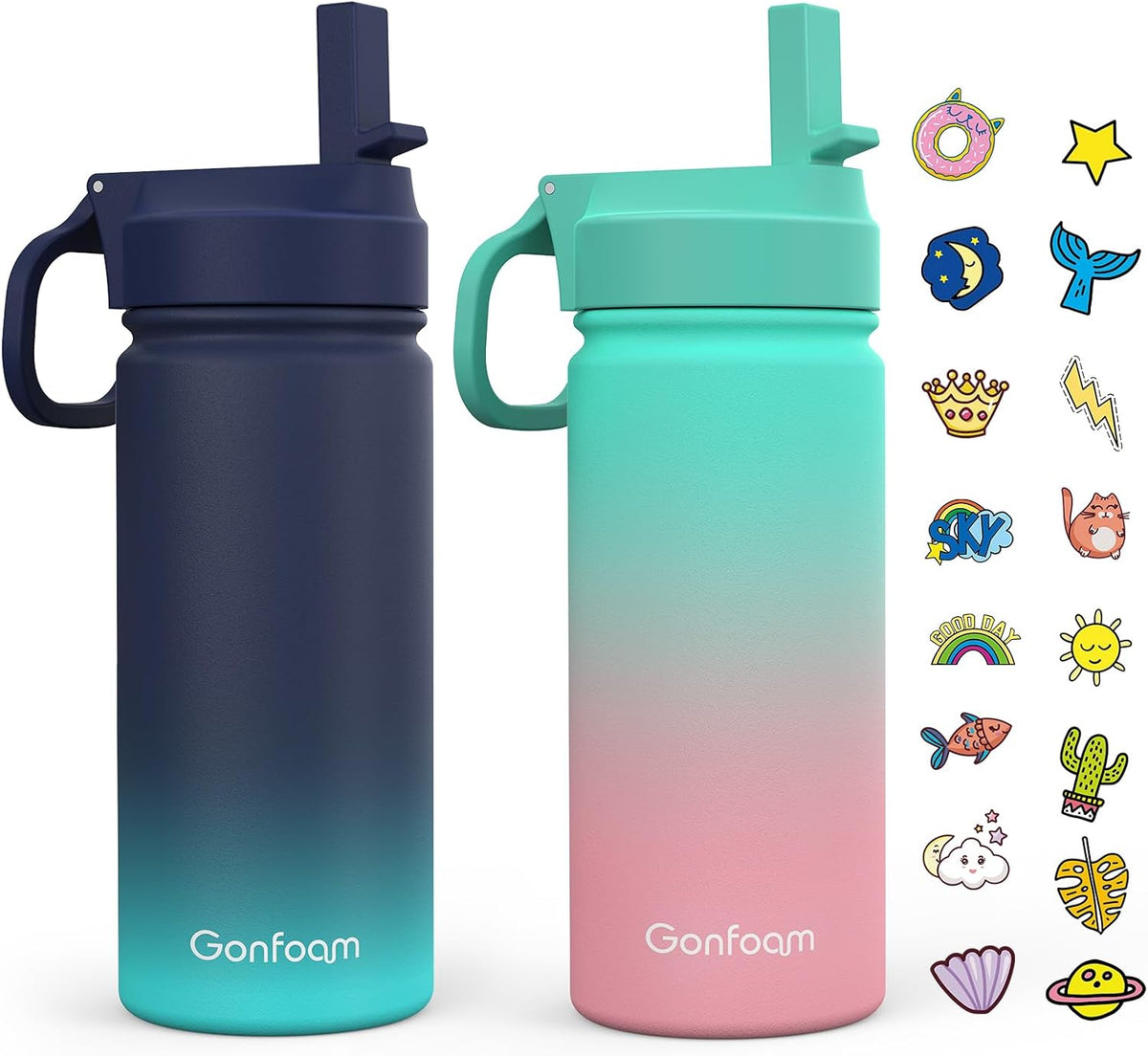 Gonfoam 16oz Kids Stainless Steel Insulated Water Bottle, 2 Pack
