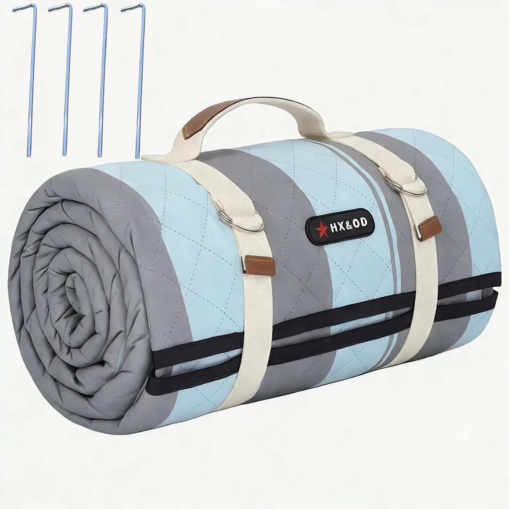 HX&OD Outdoor Picnic Blanket Extra Large, 80''*60'' Waterproof Picnic Mat with Stakes Foldable Camping Blanket Portable with Carry Strap for Beach Mat (Green& White, 80''*60'')